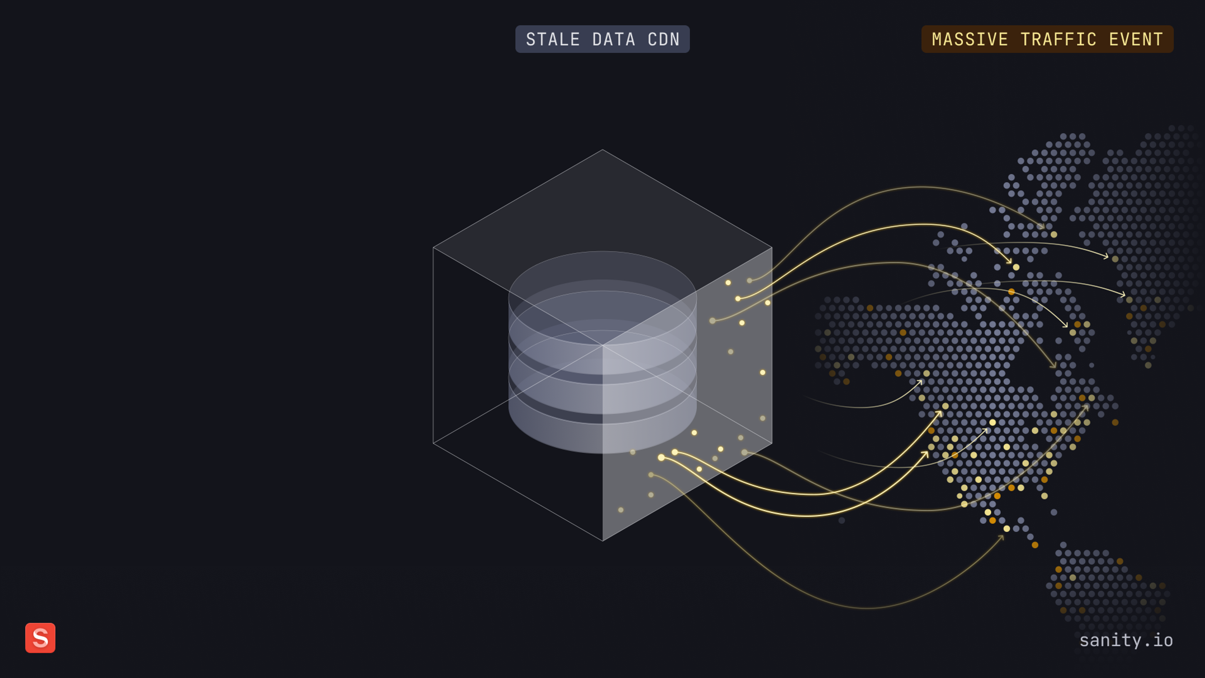 An illustration showing a CDN with stale data and a massive traffic event