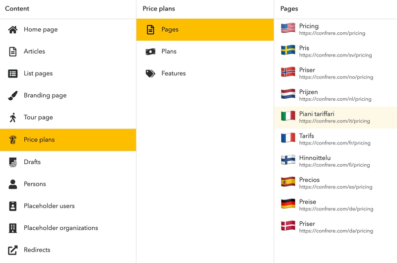 A screenshot of Sanity Studio for localization, showing how the brand Confere manages their pricing page across different languages and locations.
