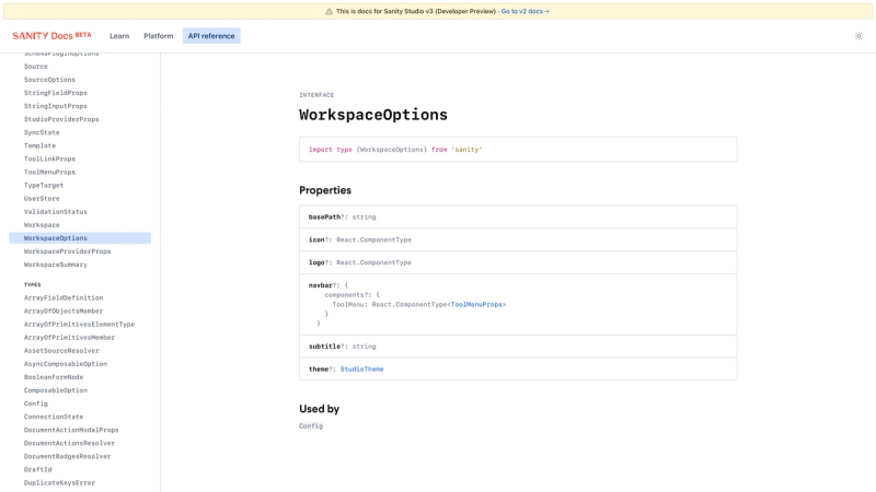 The new API reference docs showing the signature for the WorkspaceOption interface