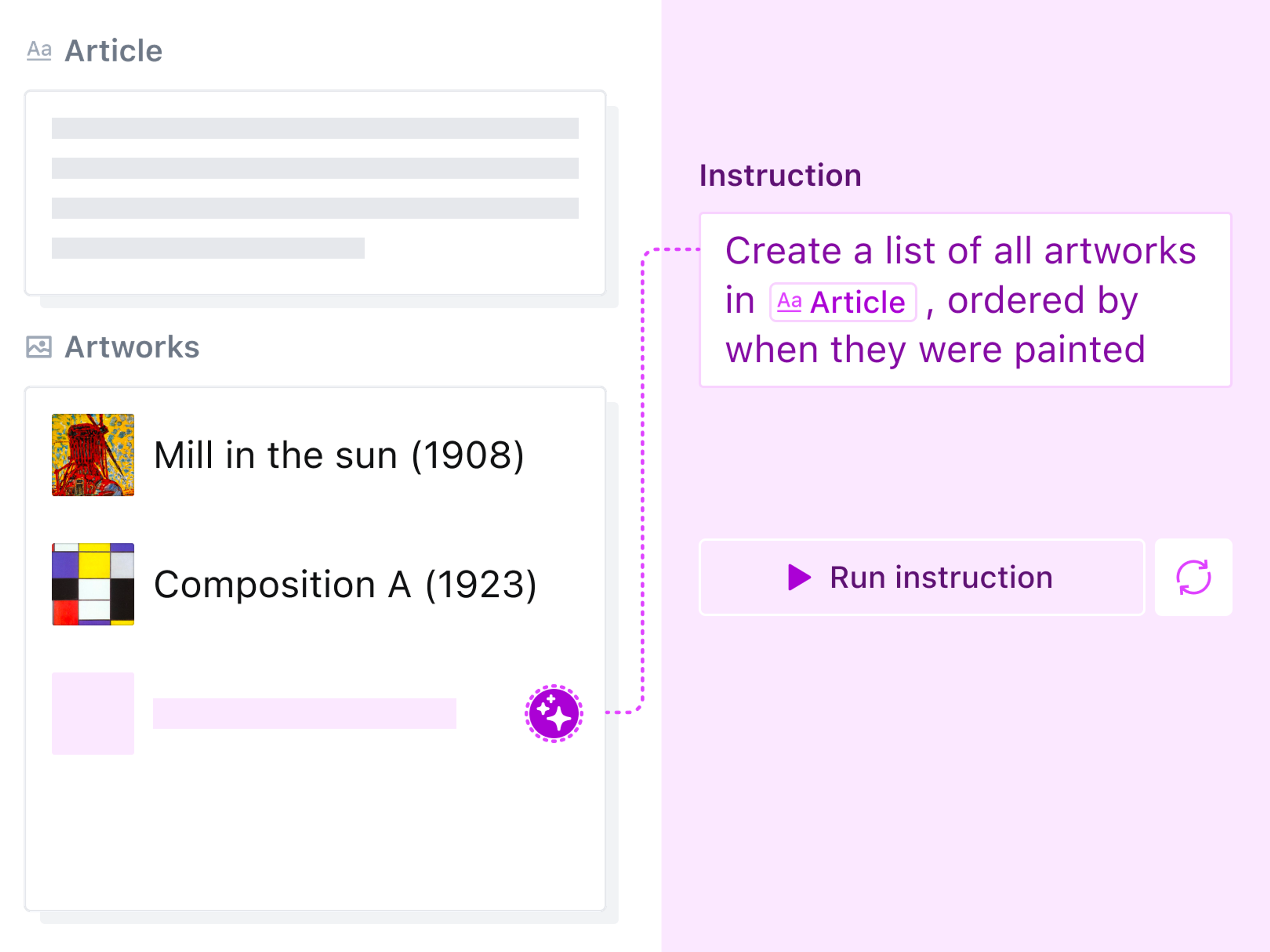 Sanity AI Assist running a sample instruction on an article with a list of artworks.