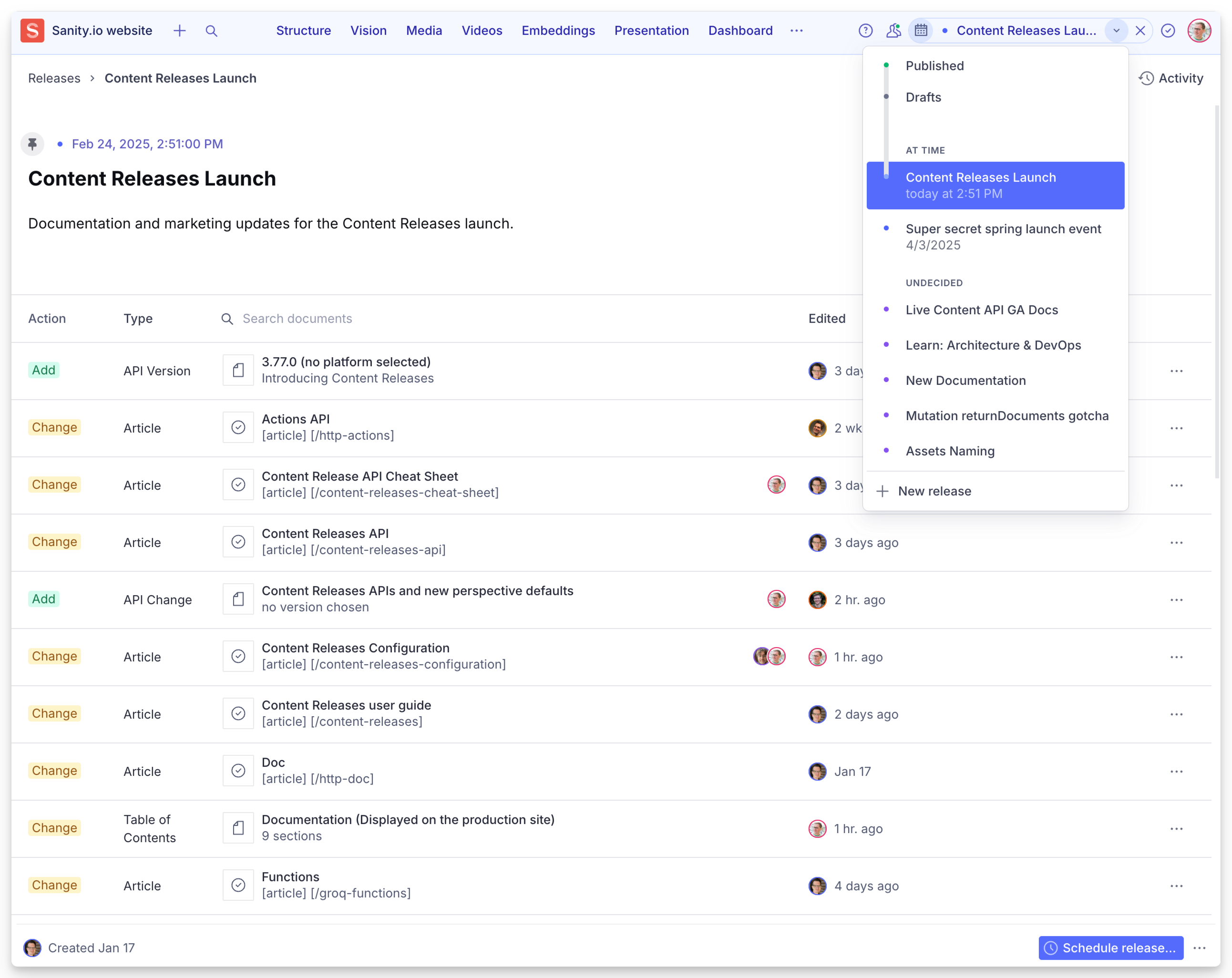 A screenshot of a content management system (CMS) interface for Sanity.io’s website, displaying a “Content Releases Launch” page. The page lists a collection of document changes for a public beta release. The interface includes a structured table with columns for “Action,” “Type,” “Title,” and “Edited.” Each row represents a document or API change, indicating whether it was added or changed, along with metadata like document type and last edit time. Key elements visible: • The release is titled “Content Releases Launch” and was scheduled for Feb 24, 2025, at 2:51 PM. • Multiple API and article updates are listed, with some marked as “Add” and others as “Change.” • Documents include topics such as “Content Releases API,” “Actions API,” “GraphQL,” “Functions,” and “IDs and Paths.” • The bottom right corner has a “Schedule release…” button. • A sidebar with navigation options like “Structure,” “Vision,” “Media,” “Videos,” and “Embeddings” is visible at the top.