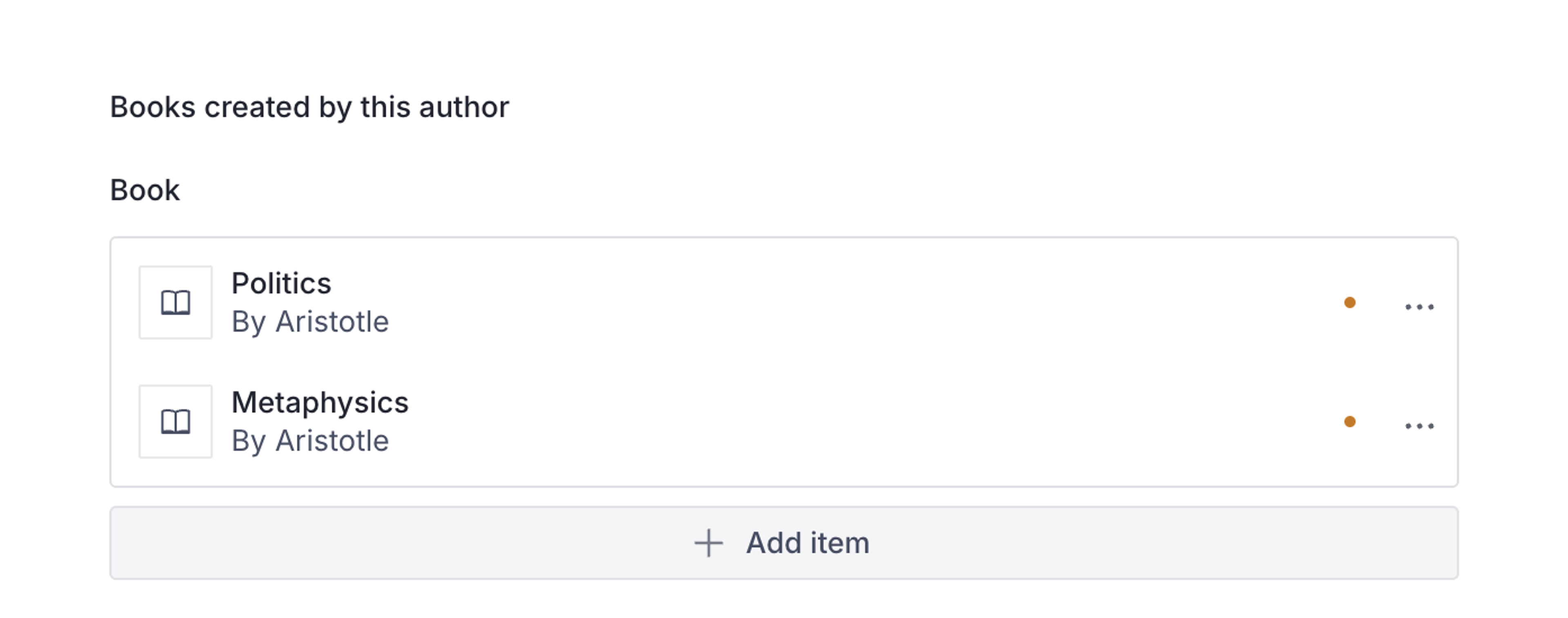 A UI panel titled "Books created by this author" listing "Politics" and "Metaphysics" by Aristotle, with an "Add item" button.