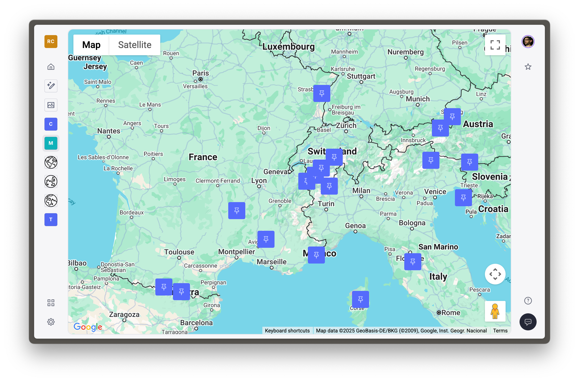 Google map showing pins for event locations