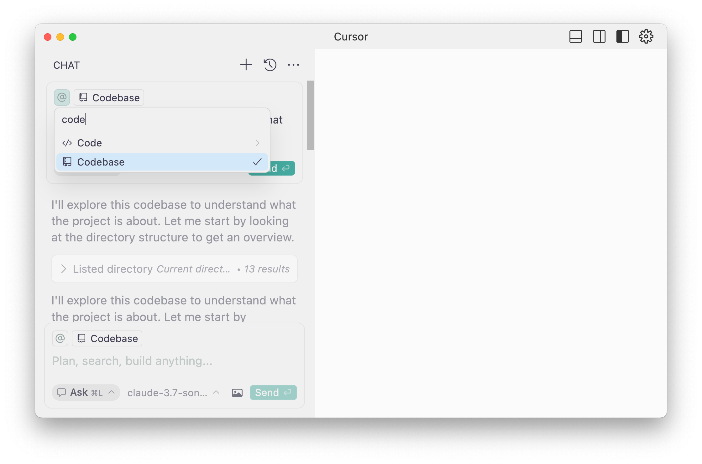 Cursor code editor with "codebase" being added to the context