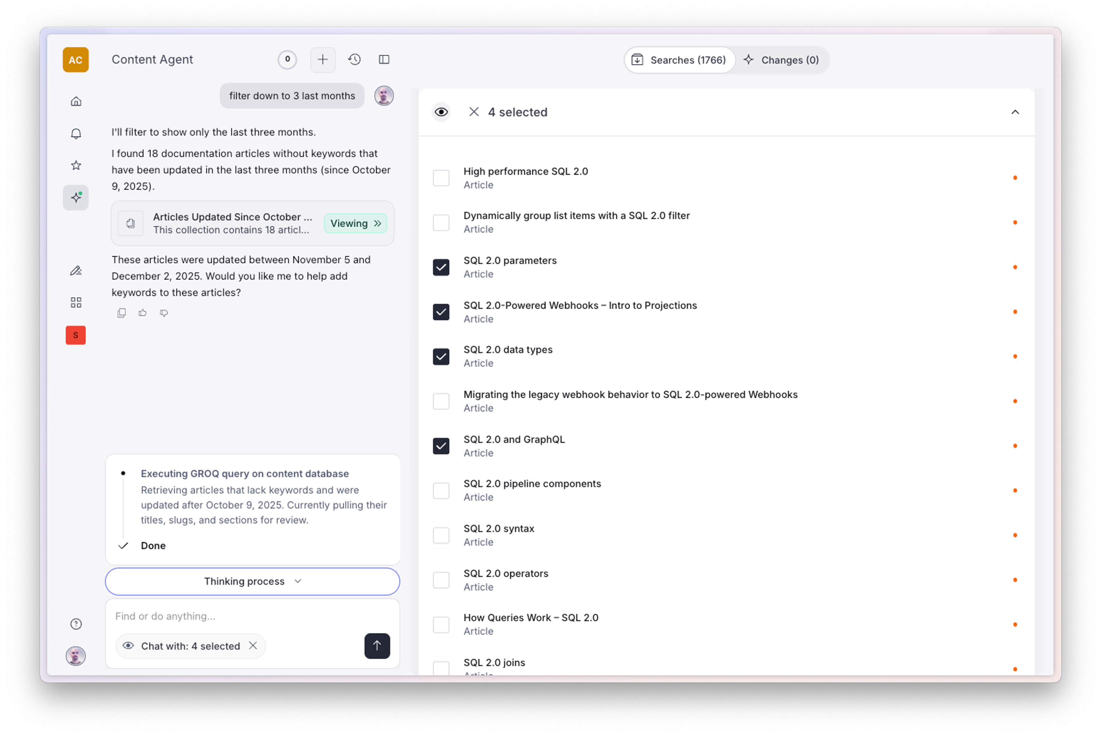 Content Agent application interface showing a chat with filtered articles needing keywords on the left, and a list of SQL 2.0 articles with four selected on the right.