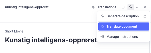 Shows the top-level document menu for AI Assist instructions open with a "Translate document" option highlighted