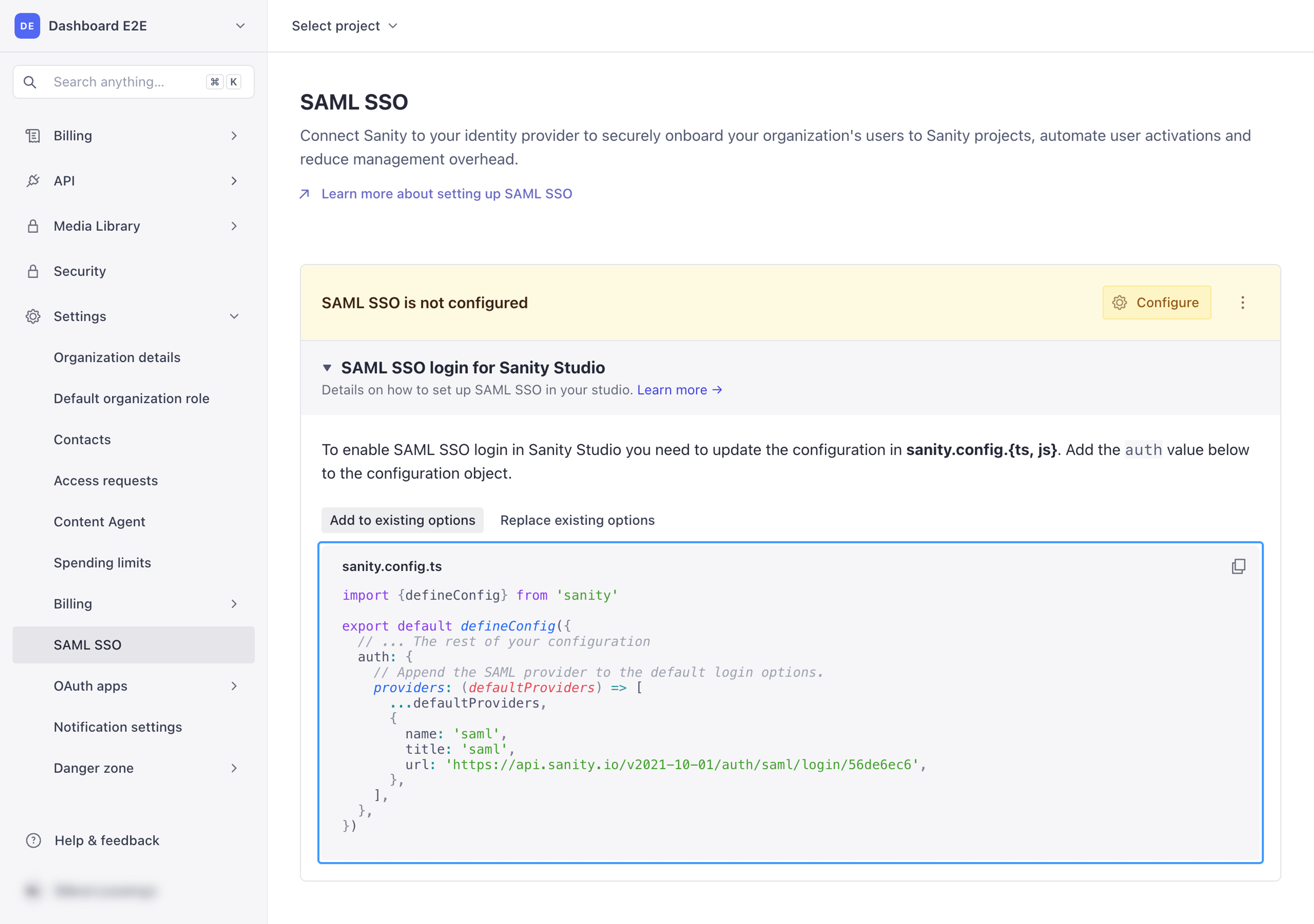 The expanded SAML SSO login for Sanity Studio section, with the sanity.config.ts code snippet highlighted.