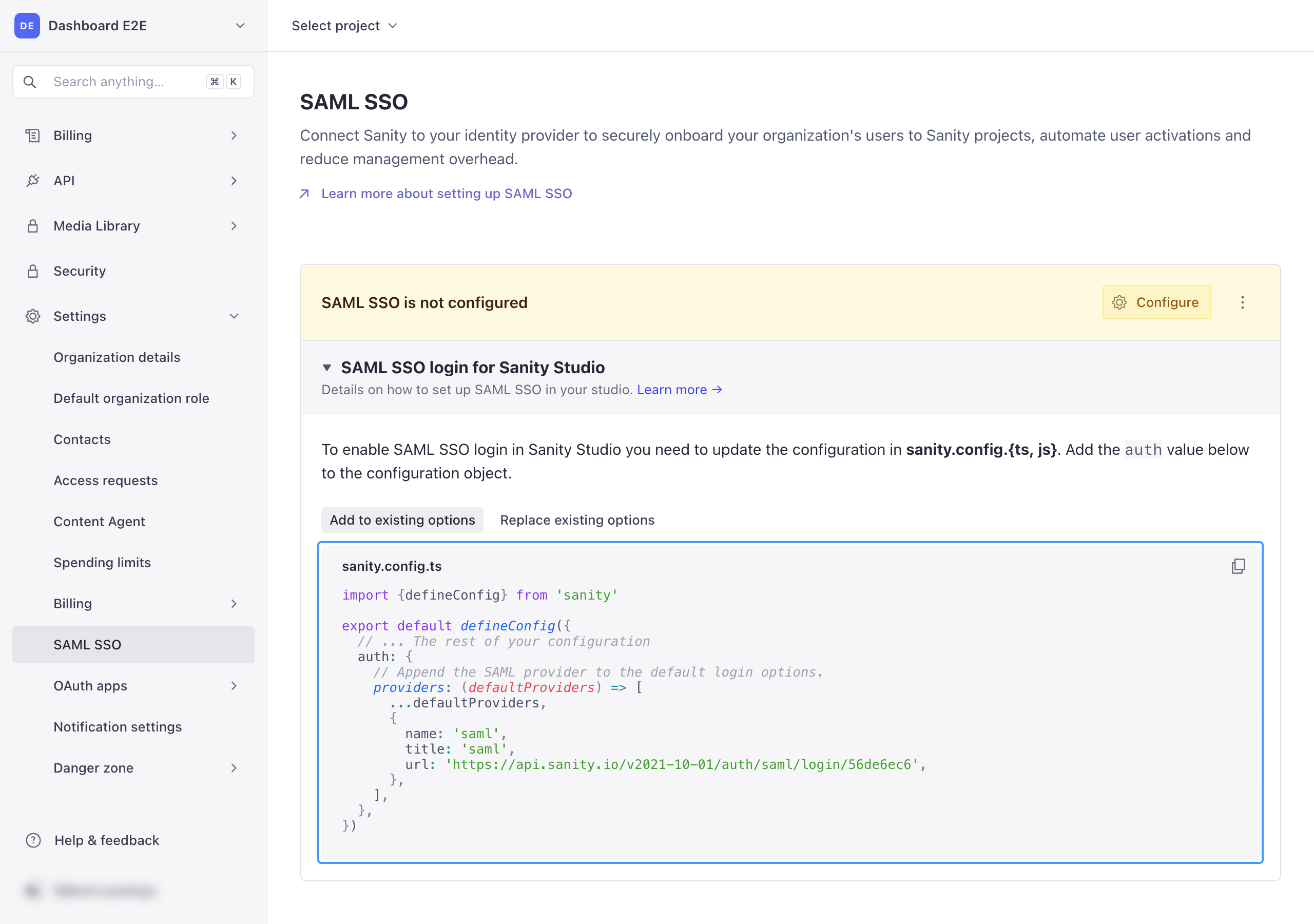The expanded SAML SSO login for Sanity Studio section, with the sanity.config.ts code snippet highlighted.