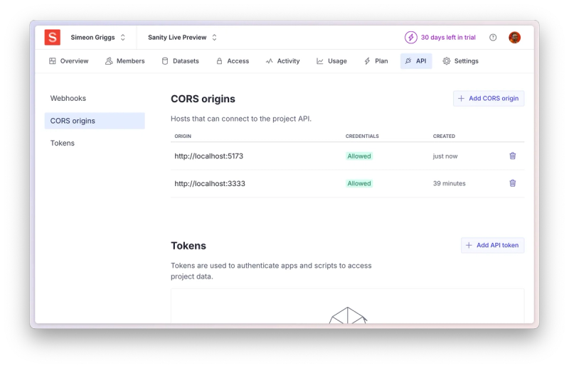 Screenshot of the Sanity Live Preview API settings interface showing ‘CORS origins’ and ‘Tokens.’ Two localhost origins, ‘http://localhost:5173’ and ‘http://localhost:3333,’ are listed with ‘Allowed’ credentials and their creation times. An option to add a new CORS origin or API token is visible.