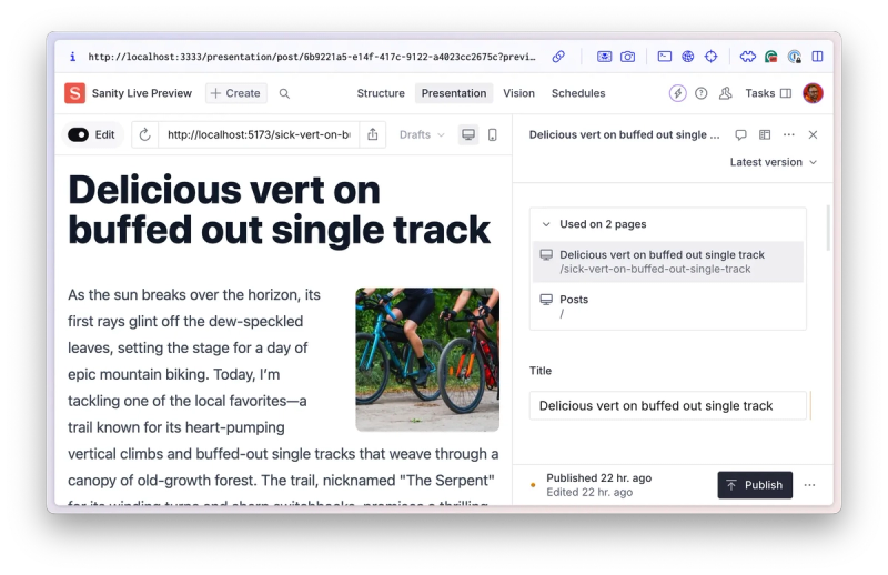 Screenshot of a Sanity Live Preview interface displaying a draft blog post titled ‘Delicious vert on buffed out single track.’ The post features a paragraph describing mountain biking trails and a small image of cyclists riding. The interface includes options for editing, viewing structure, presentation, and scheduling, along with metadata showing where the post is used and publication details