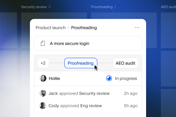 A project management card for 'Product launch / Proofreading' with a mouse cursor clicking the 'Proofreading' tag.