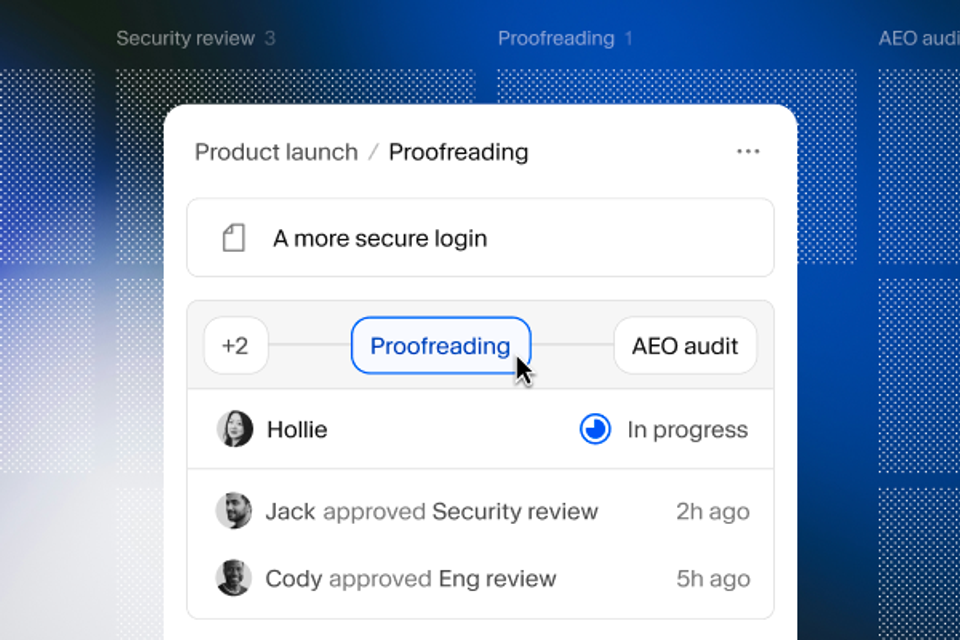 A project management card for 'Product launch / Proofreading' with a mouse cursor clicking the 'Proofreading' tag.