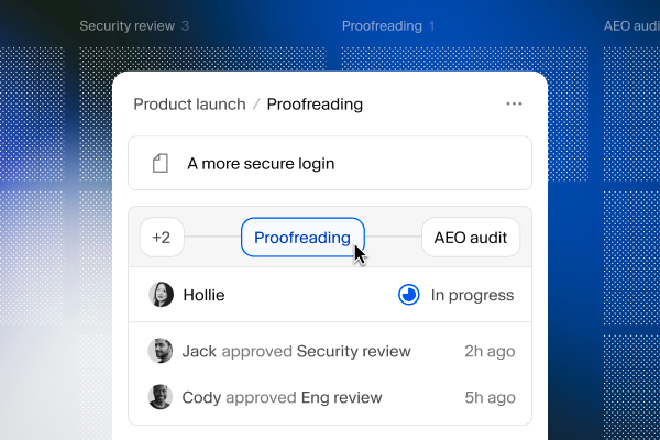 A project management card for 'Product launch / Proofreading' with a mouse cursor clicking the 'Proofreading' tag. A project management card for 'Product launch / Proofreading' with a mouse cursor clicking the 'Proofreading' tag.