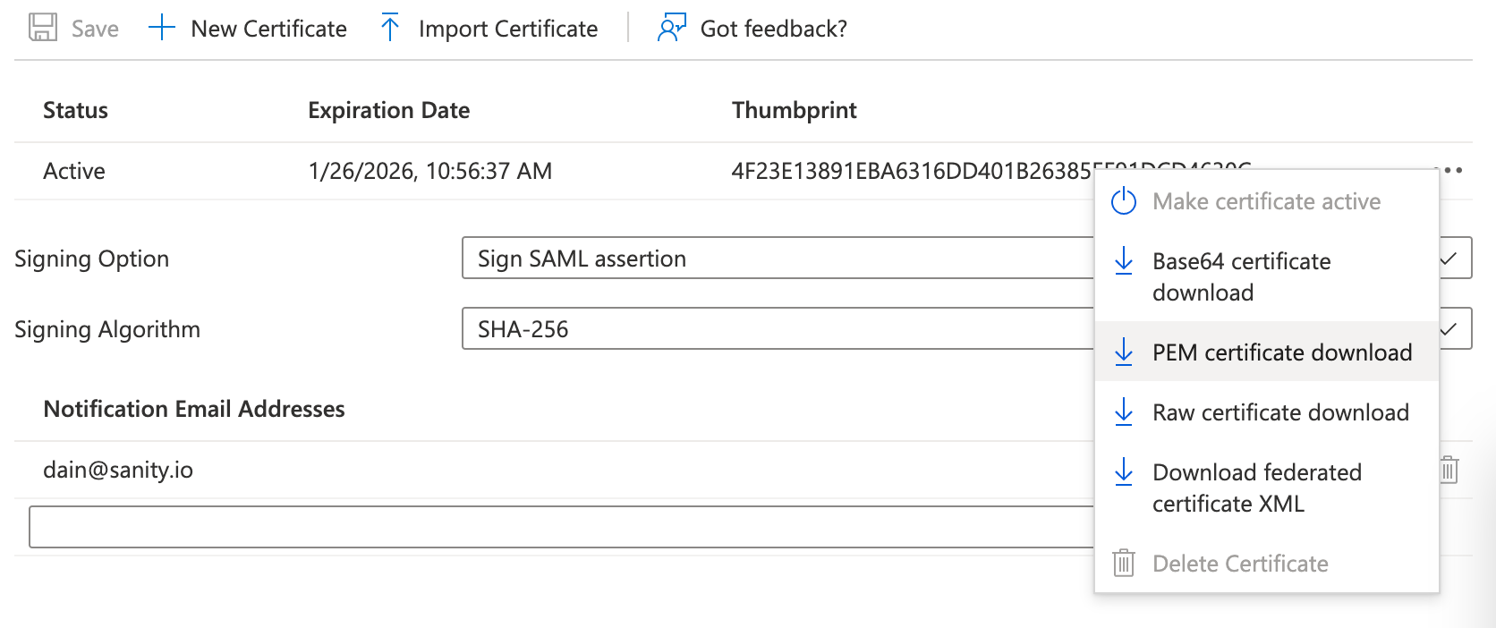 Select PEM certificate download.