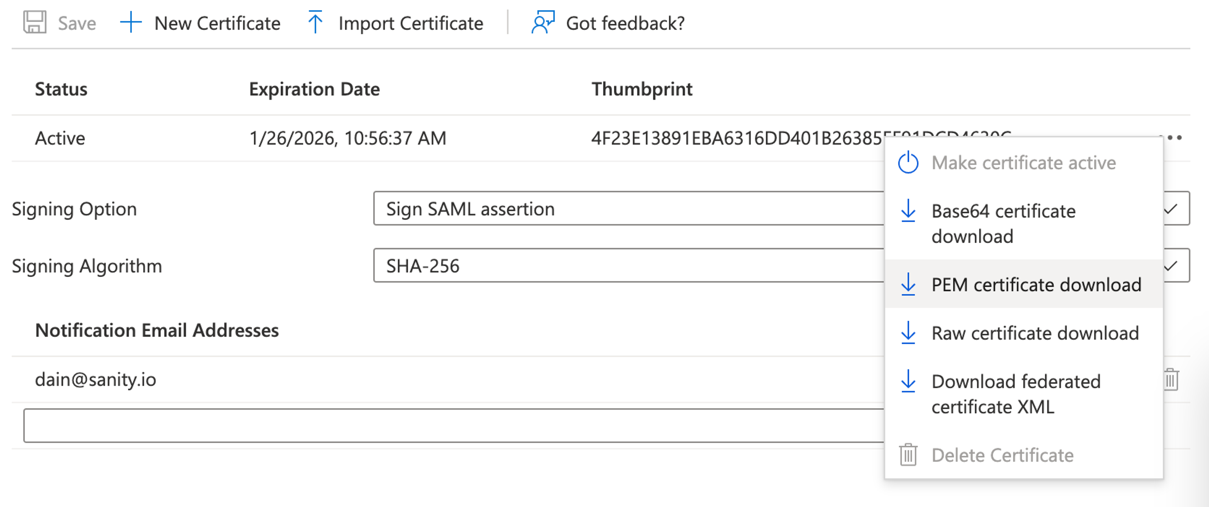 Select PEM certificate download.