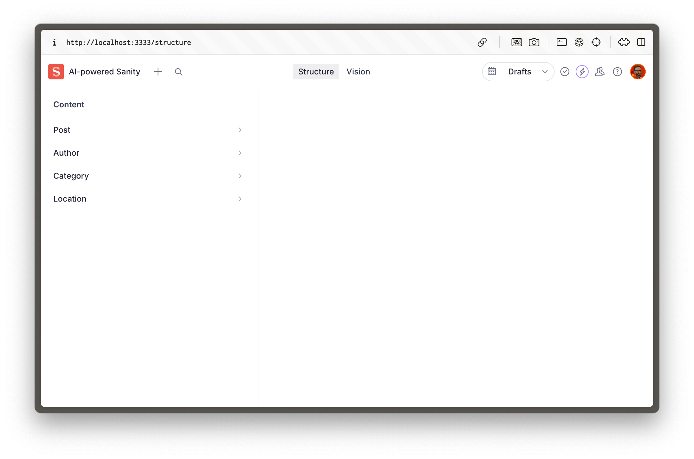 Sanity Studio structure tool showing Post, Author, Category and Location document types