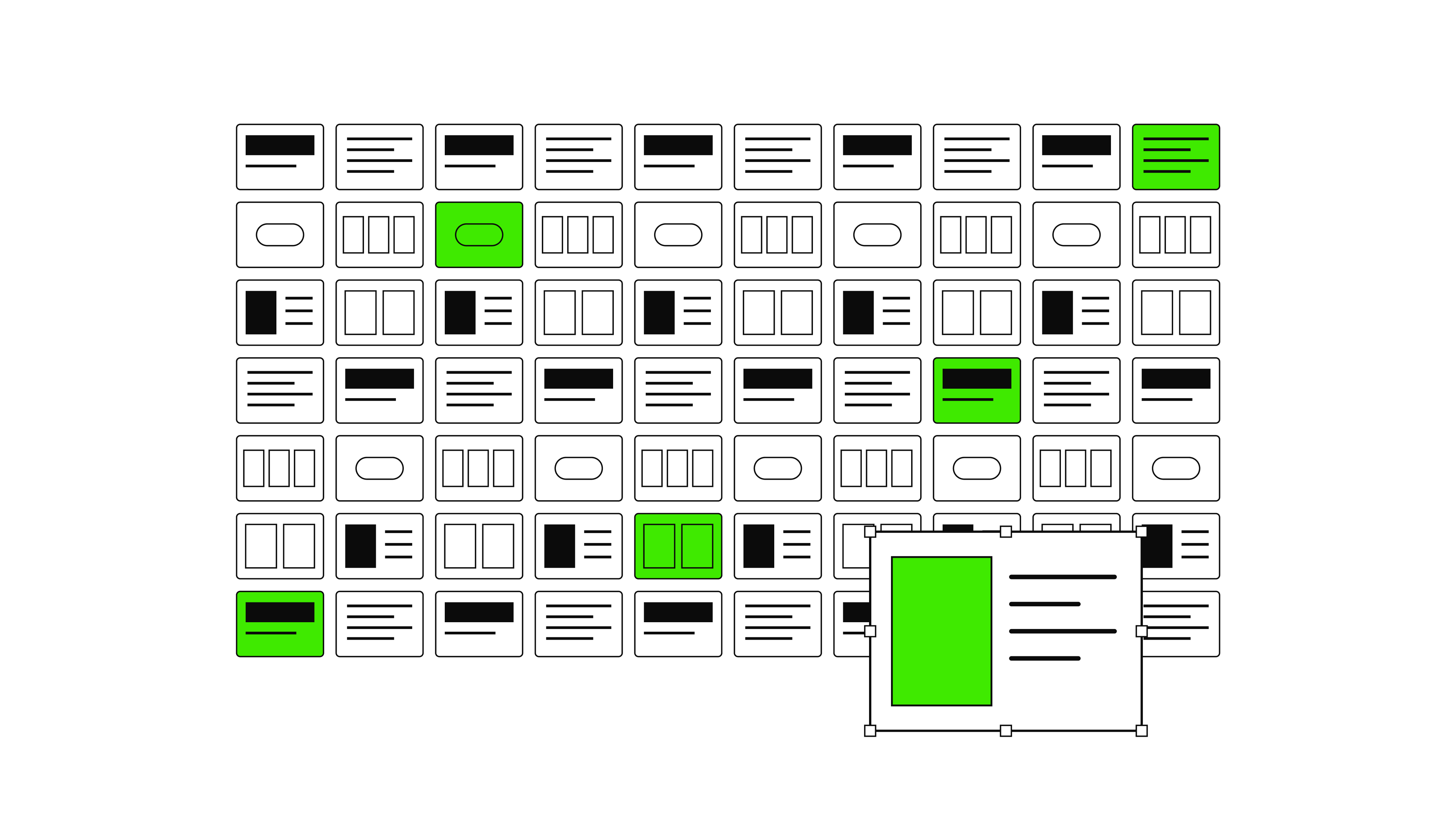 A grid of small cards, with several highlighted in green, and a larger green-highlighted card in the foreground.
