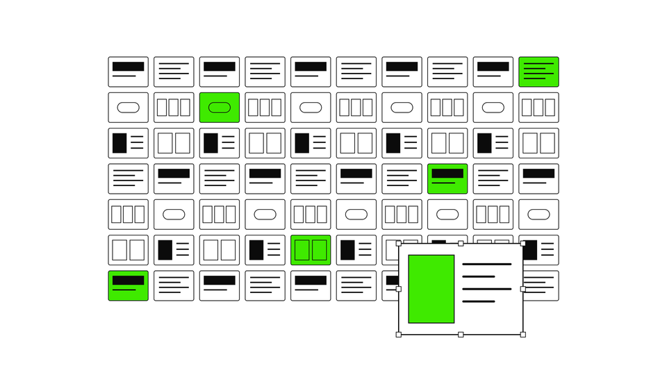 A grid of small cards, with several highlighted in green, and a larger green-highlighted card in the foreground. A grid of small cards, with several highlighted in green, and a larger green-highlighted card in the foreground.