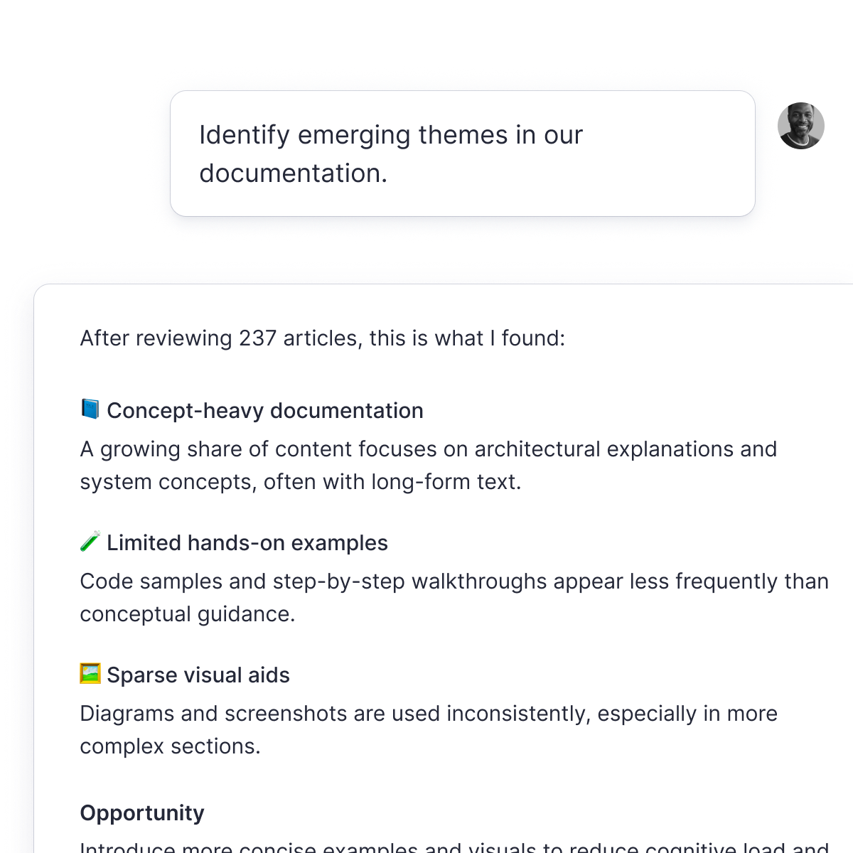 AI-generated report summarizing documentation themes, including findings like 'Concept-heavy documentation,' 'Limited hands-on examples,' and 'Sparse visual aids,' in response to a user query.