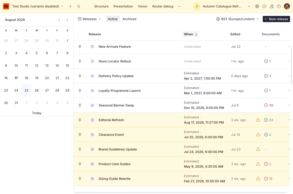 the content releases screen