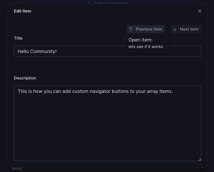 Screenshot of an edit modal for array items with navigation buttons on the top