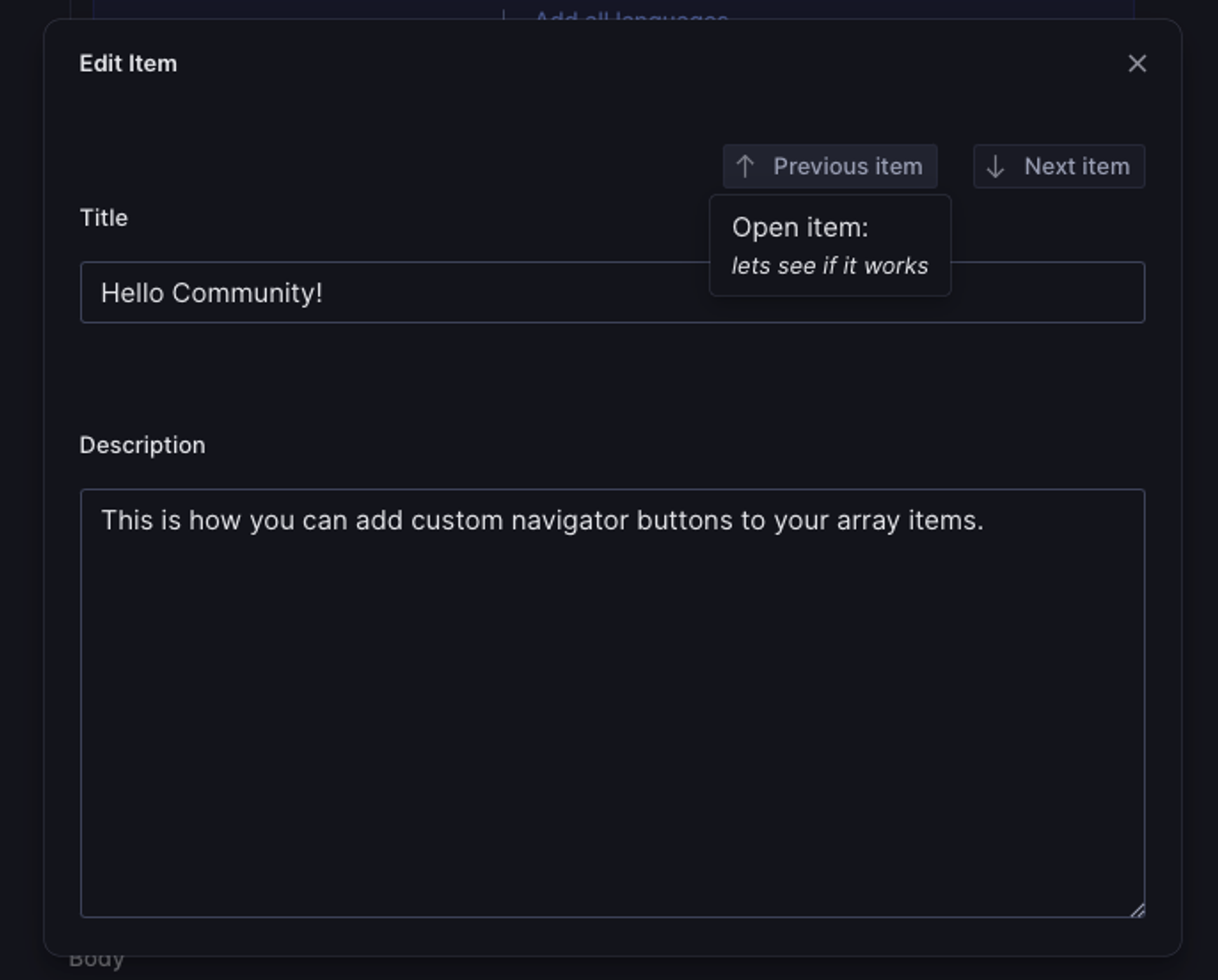 Screenshot of an edit modal for array items with navigation buttons on the top