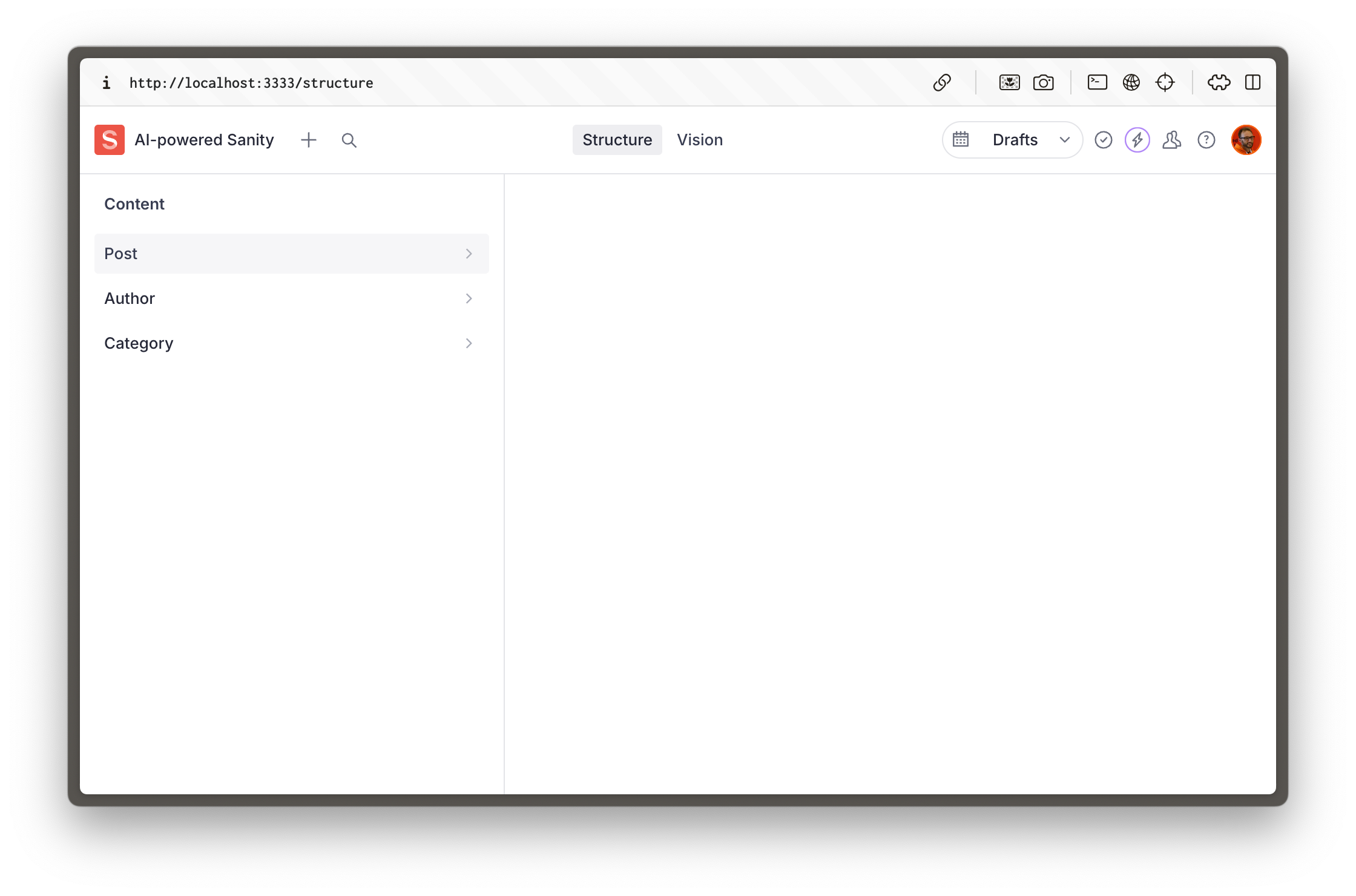 A blank Sanity Studio with the blog template schema running in local development