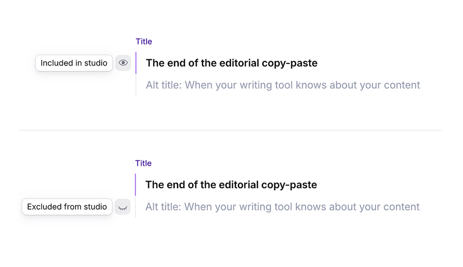 UI showing a content title with options to be included or excluded from a studio, indicated by an open or closed eye icon.