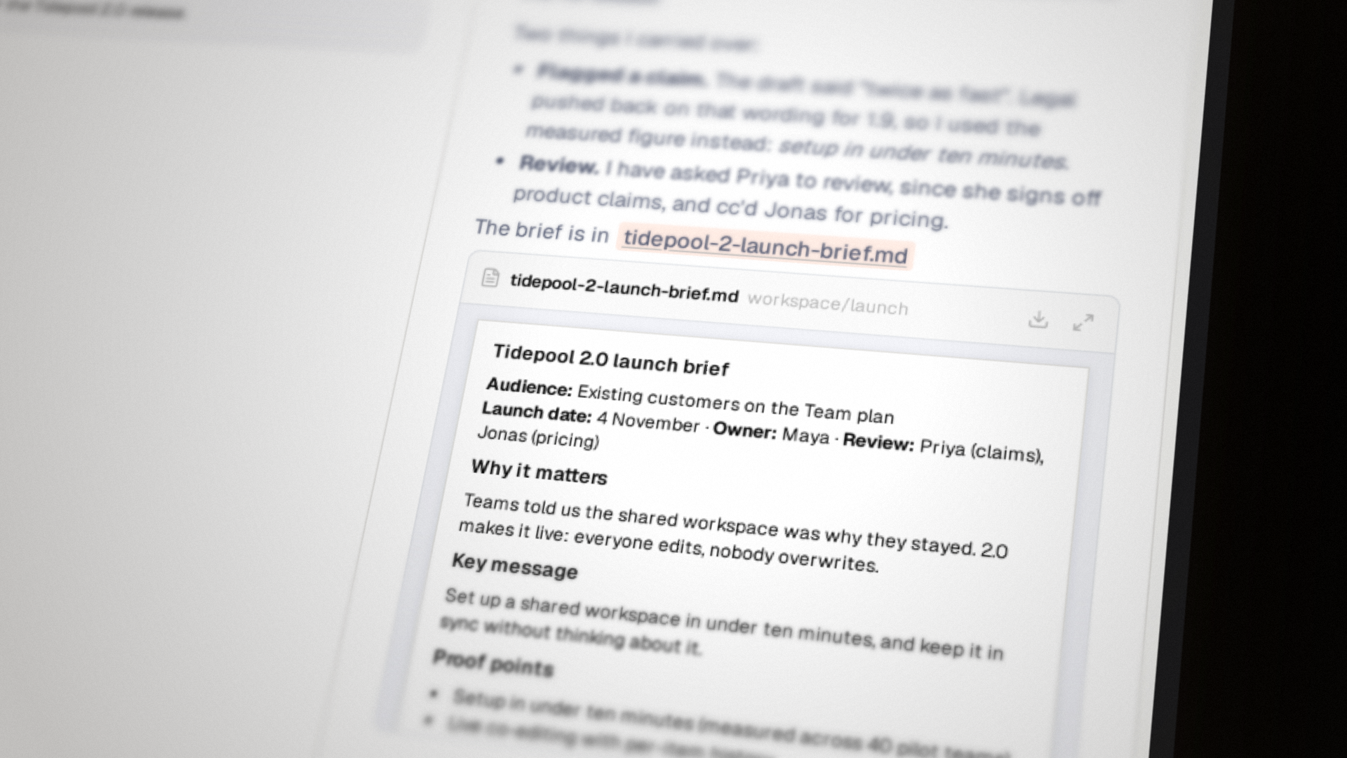By week three, the agent drafts a detailed launch brief using the team’s remembered audience, claims and reviewers.