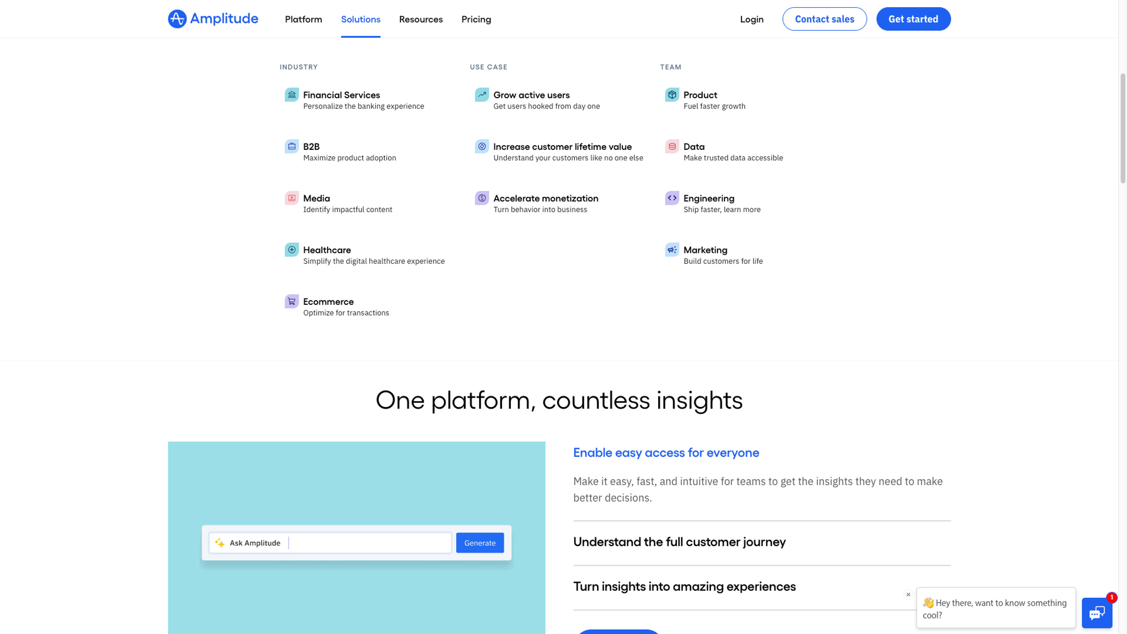 Amplitude website screenshot with solutions drop down