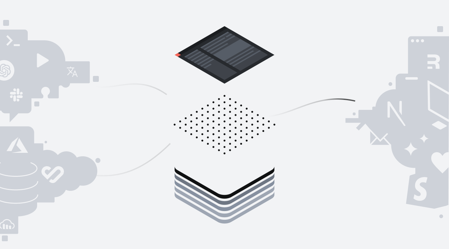 Abstract diagram of data flowing from applications and databases, through processing layers, to various output platforms.