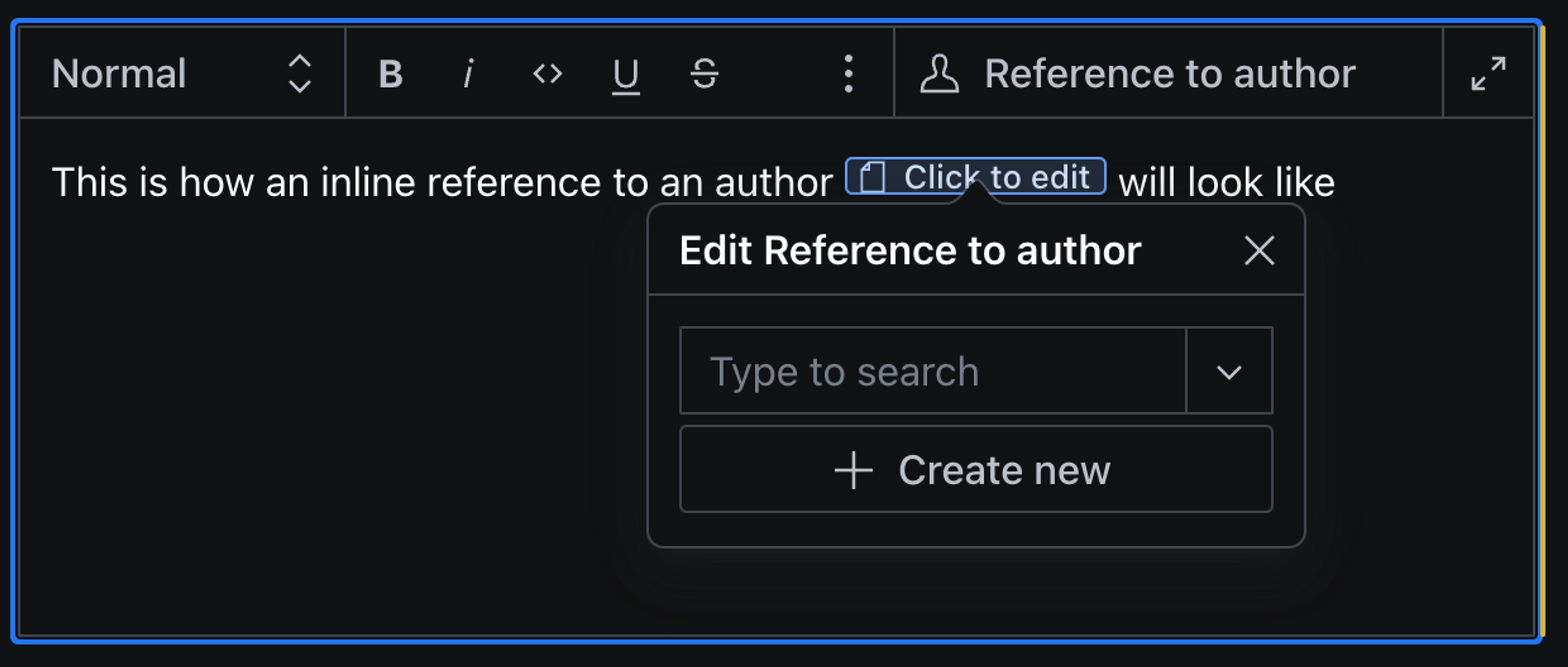 Screenshot showing, that adding an inline block, usually will open a modal, very similar to the way annotations work