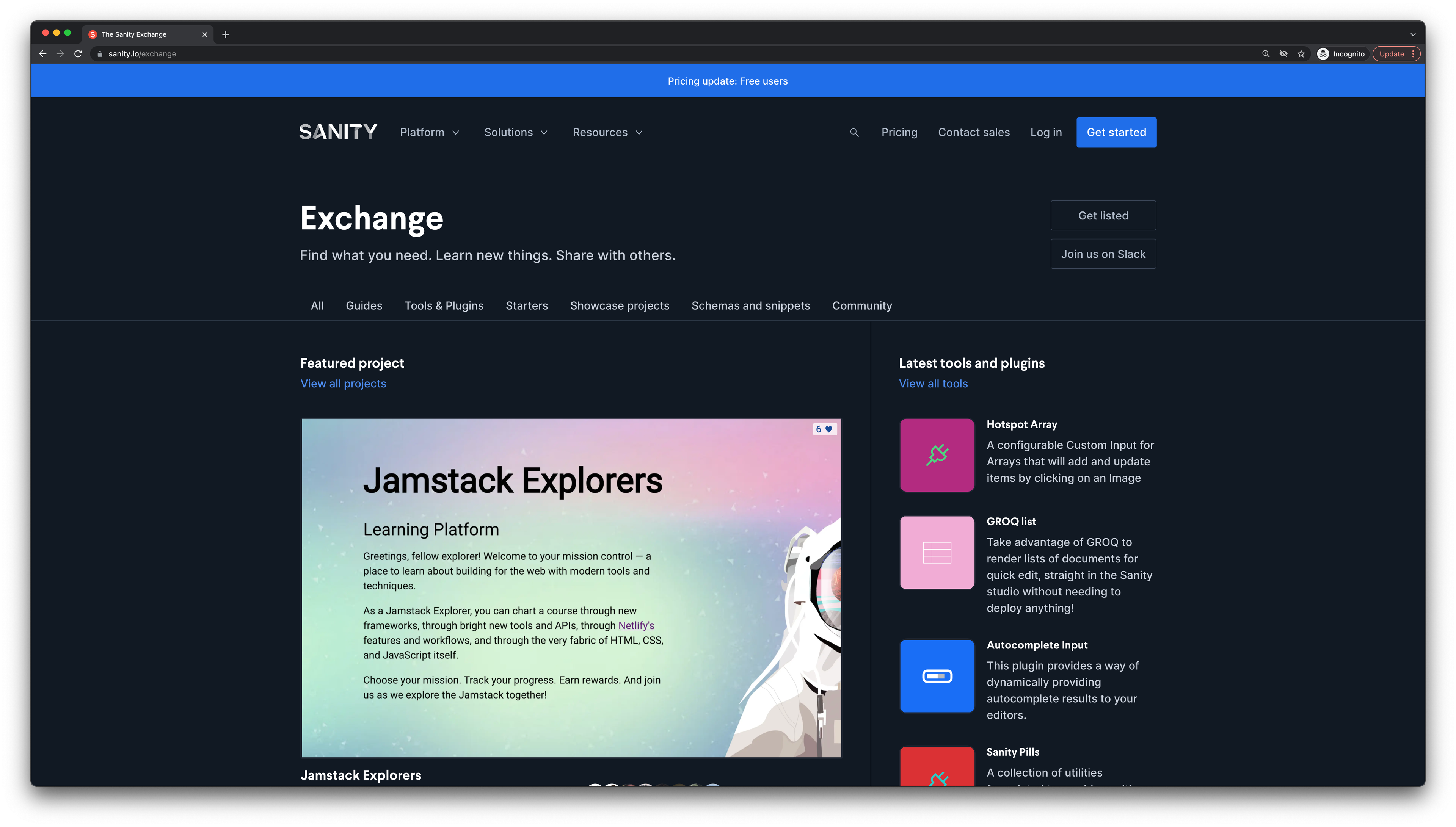 Home page view of the Sanity Exchange