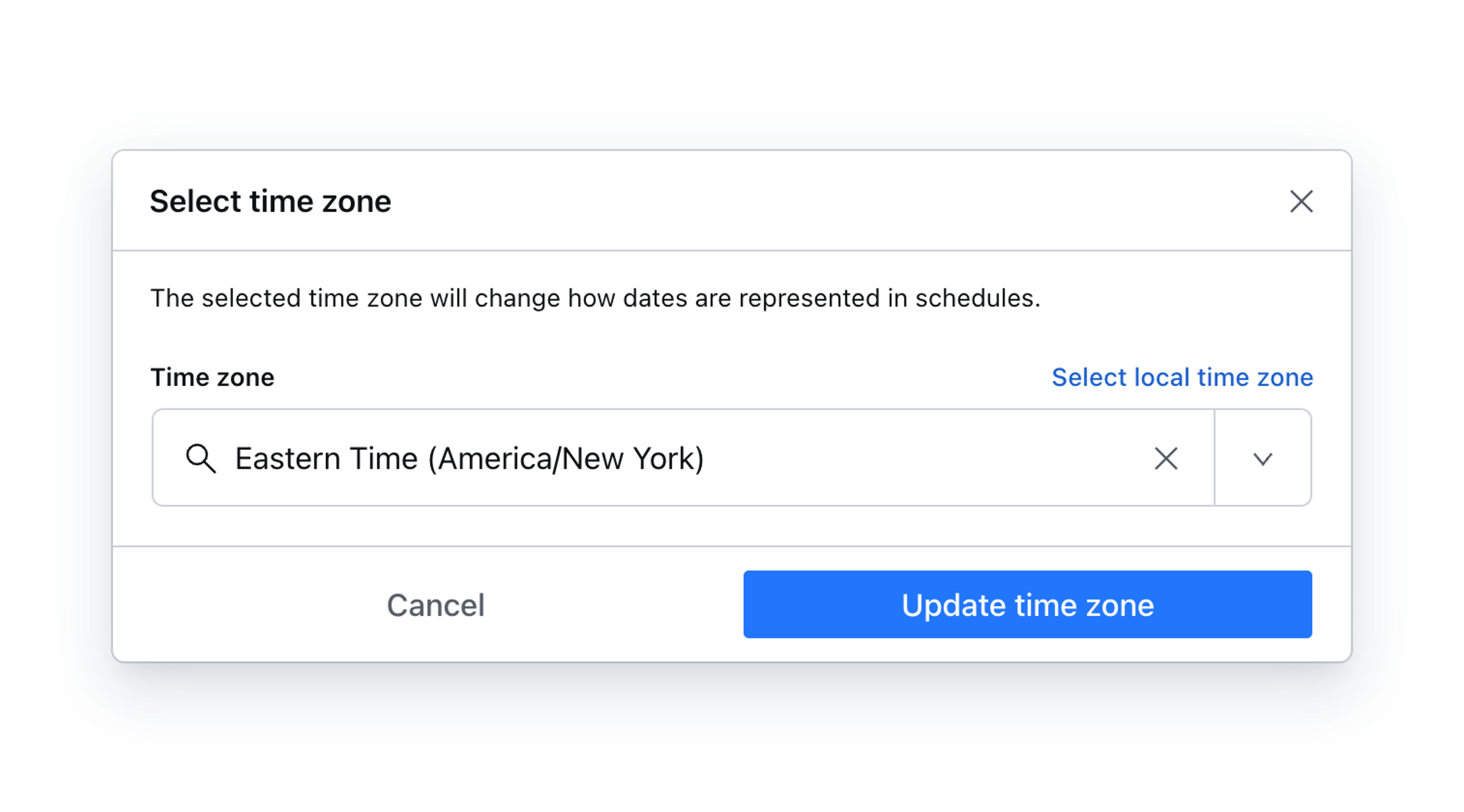 Shows a modal dialog for selecting time zones