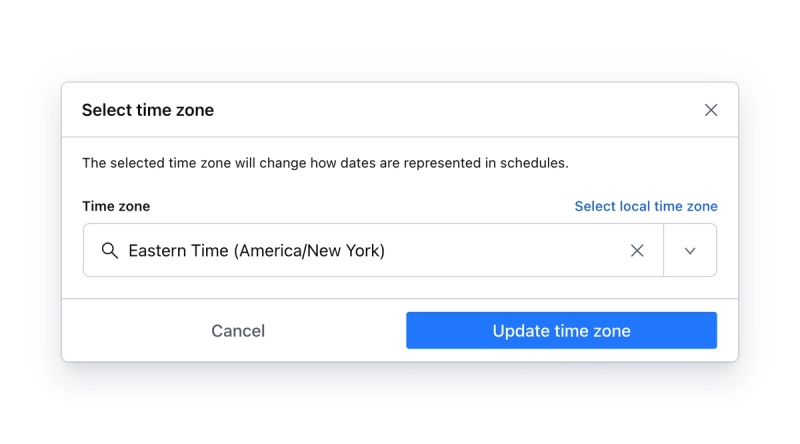 Shows a modal dialog for selecting time zones
