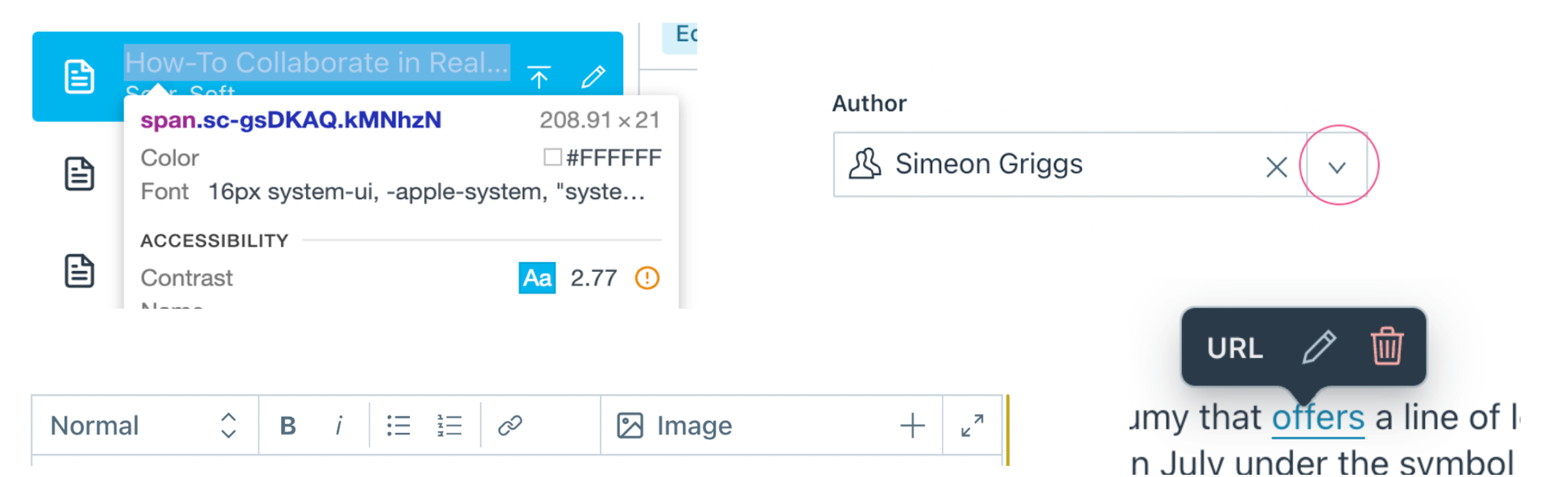 various screenshots, one of a blue box that has a popup showing insufficient contrast, one of a dropdown where the arrow down icon is circled, one of a rich text editor toolbar and one of a URL tooltip