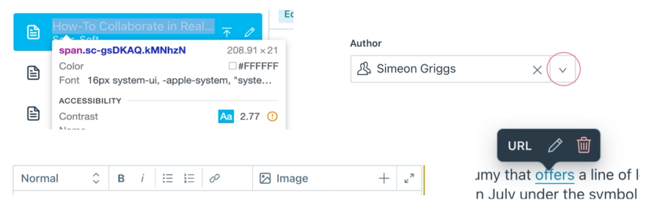 various screenshots, one of a blue box that has a popup showing insufficient contrast, one of a dropdown where the arrow down icon is circled, one of a rich text editor toolbar and one of a URL tooltip various screenshots, one of a blue box that has a popup showing insufficient contrast, one of a dropdown where the arrow down icon is circled, one of a rich text editor toolbar and one of a URL tooltip