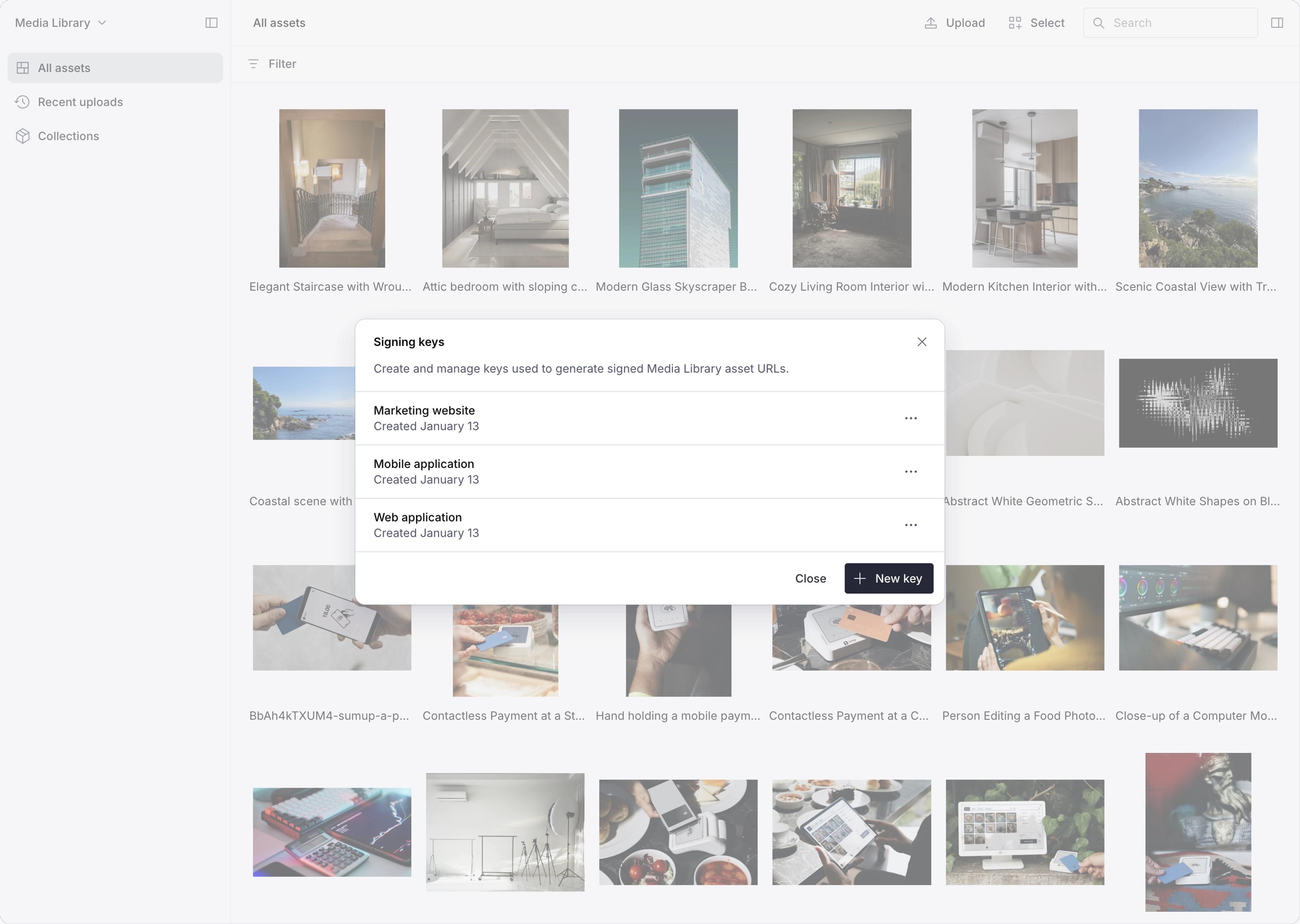 Media library interface with a "Signing keys" modal open, listing keys for marketing, mobile, and web applications, and a button to add a new key.