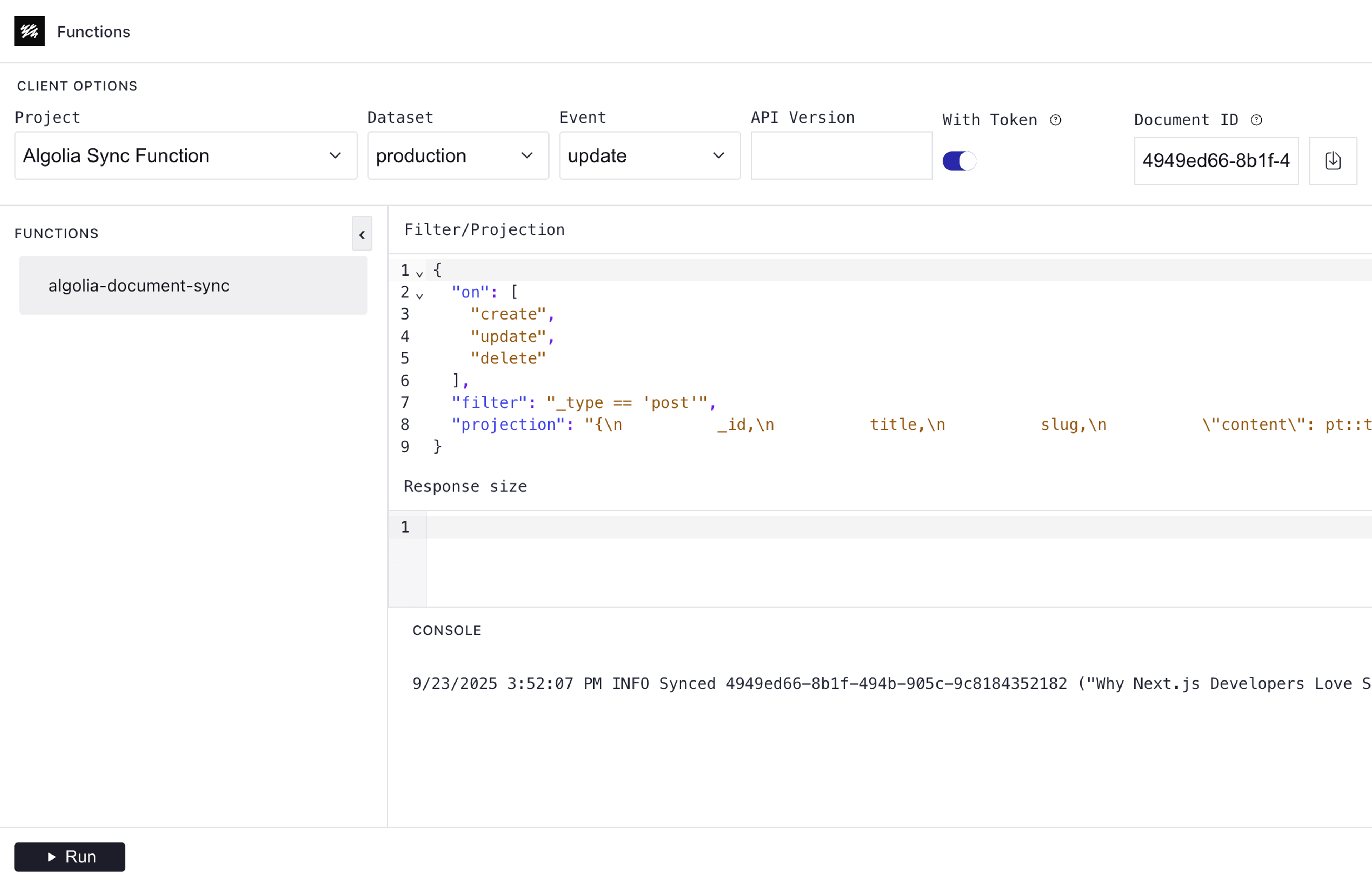 a screenshot of the algolia document sync function