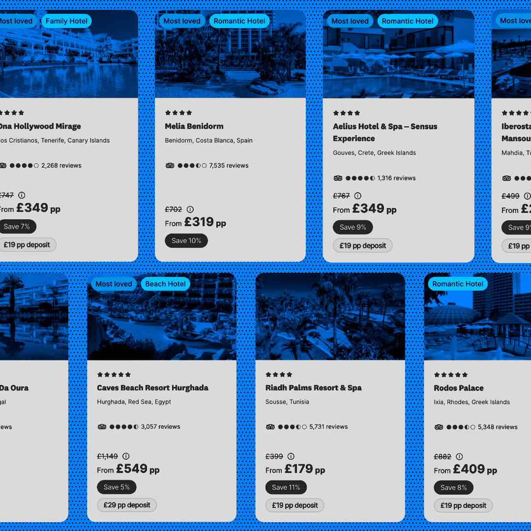 A grid of blue-toned hotel offers displaying names, locations, star ratings, and discounted prices.