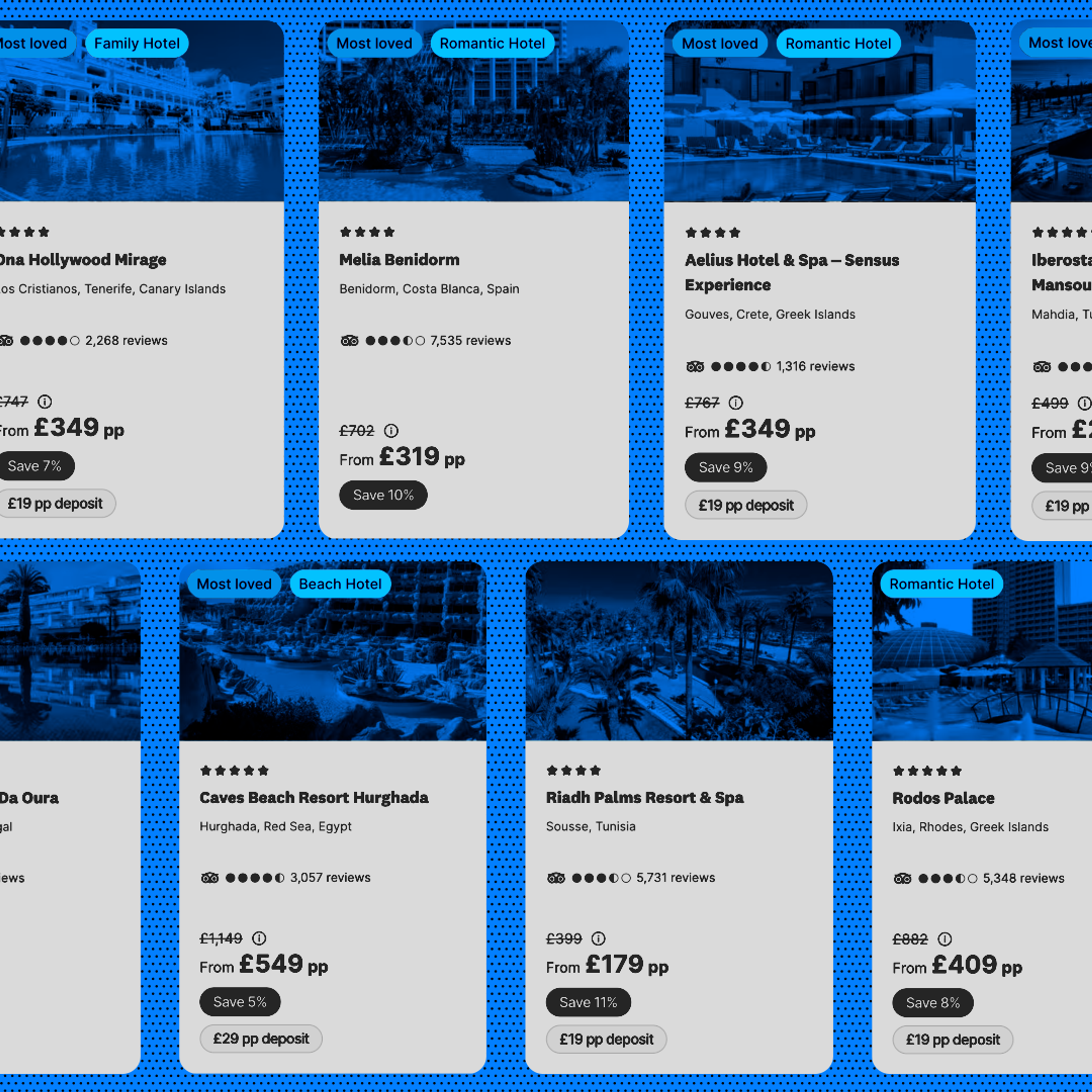 A grid of blue-toned hotel offers displaying names, locations, star ratings, and discounted prices.