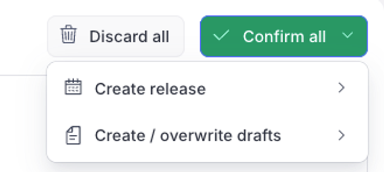 UI with "Discard all" and "Confirm all" buttons, with a dropdown showing "Create release" and "Create / overwrite drafts" options.
