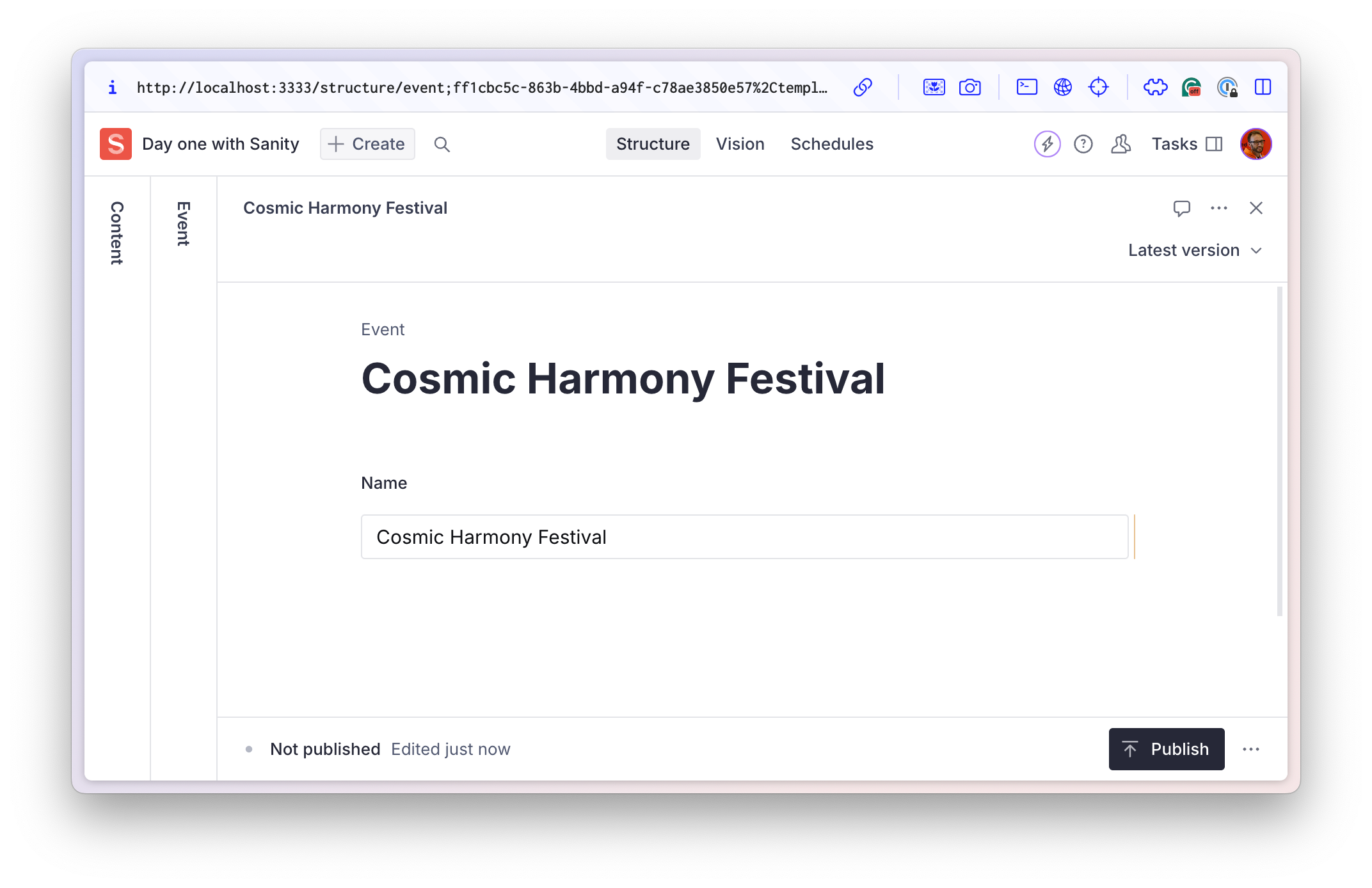 New Sanity Studio event document showing "Cosmic Harmony Festival"
