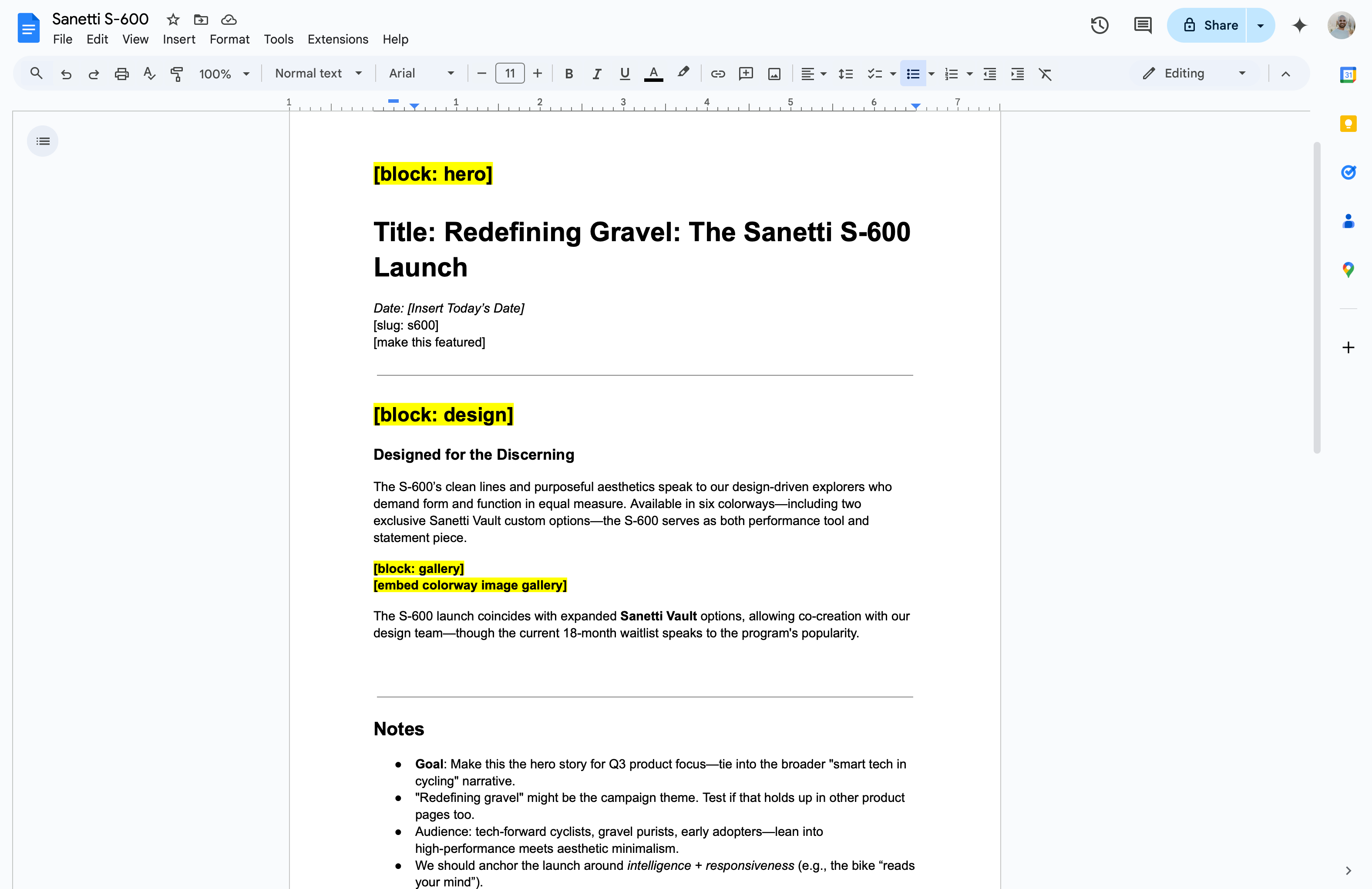 Google Doc with notes to self and the actual content