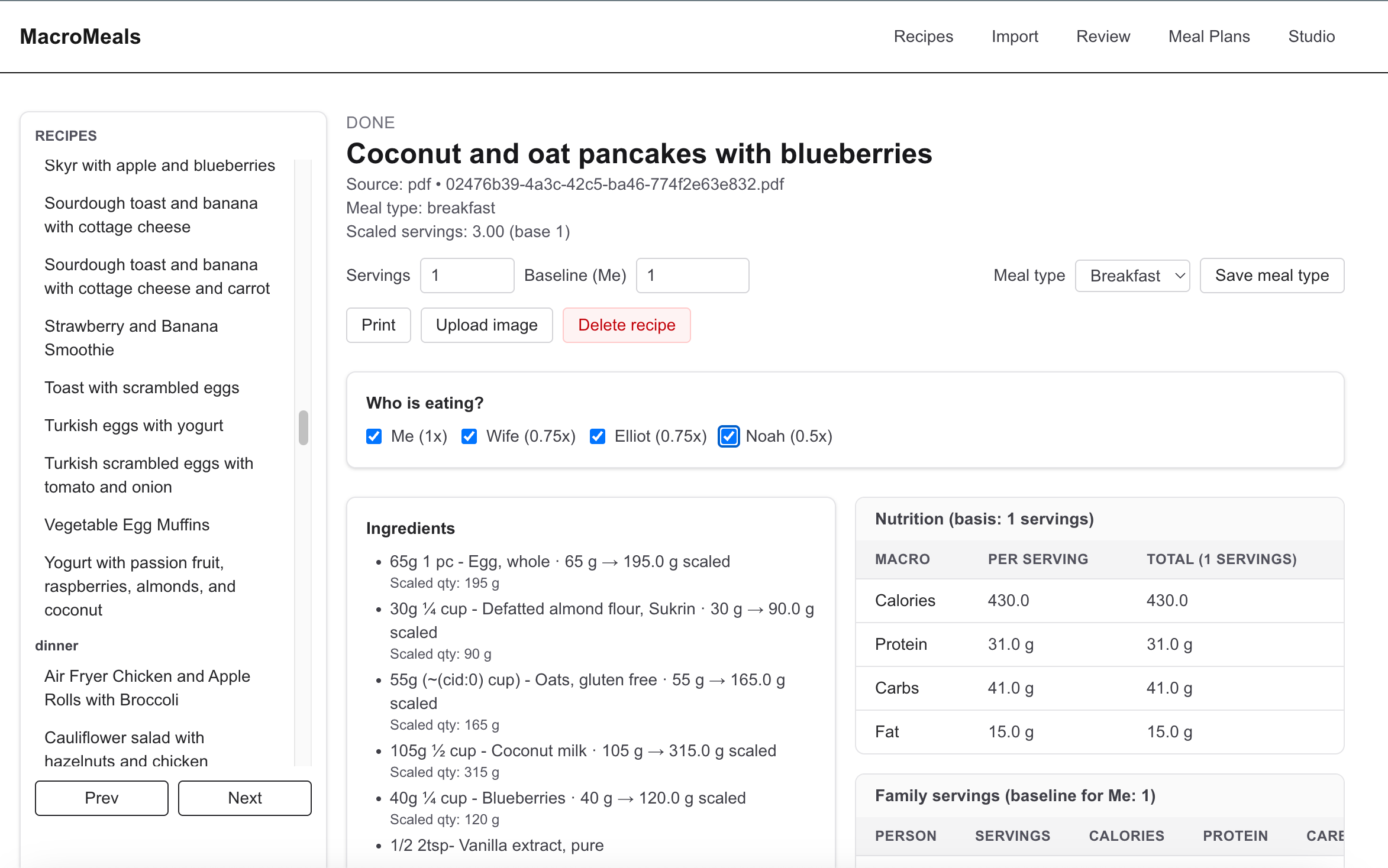 MacroMeals app displaying a 'Coconut and oat pancakes with blueberries' recipe, with ingredients, nutrition, and serving customization.