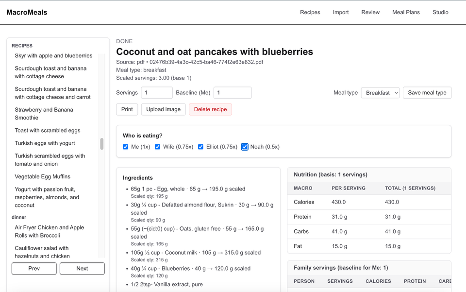 MacroMeals app displaying a 'Coconut and oat pancakes with blueberries' recipe, with ingredients, nutrition, and serving customization.