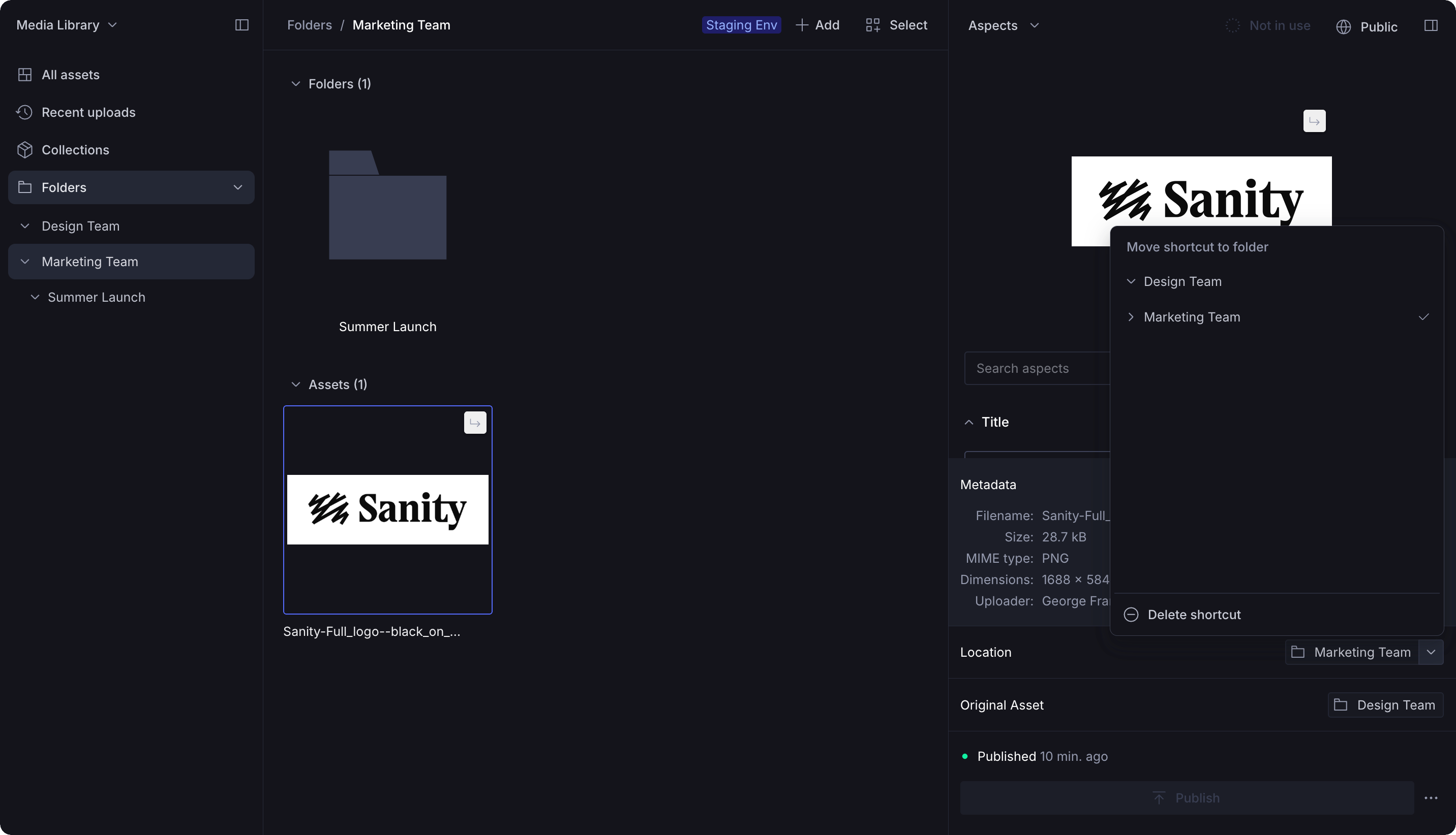 Dark-themed media library showing a Sanity logo asset with an open menu to move or delete its shortcut, alongside its metadata.