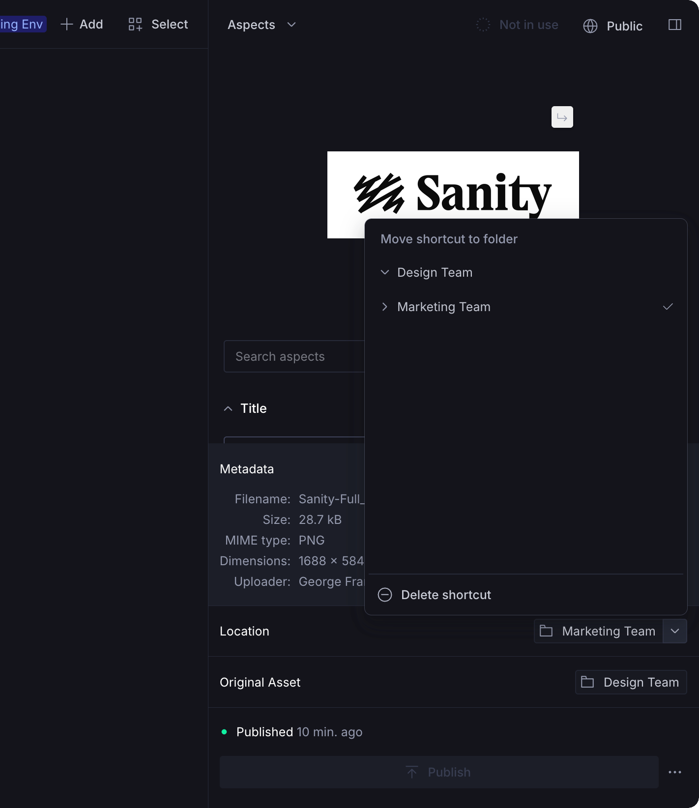 Dark-themed media library showing a Sanity logo asset with an open menu to move or delete its shortcut, alongside its metadata.