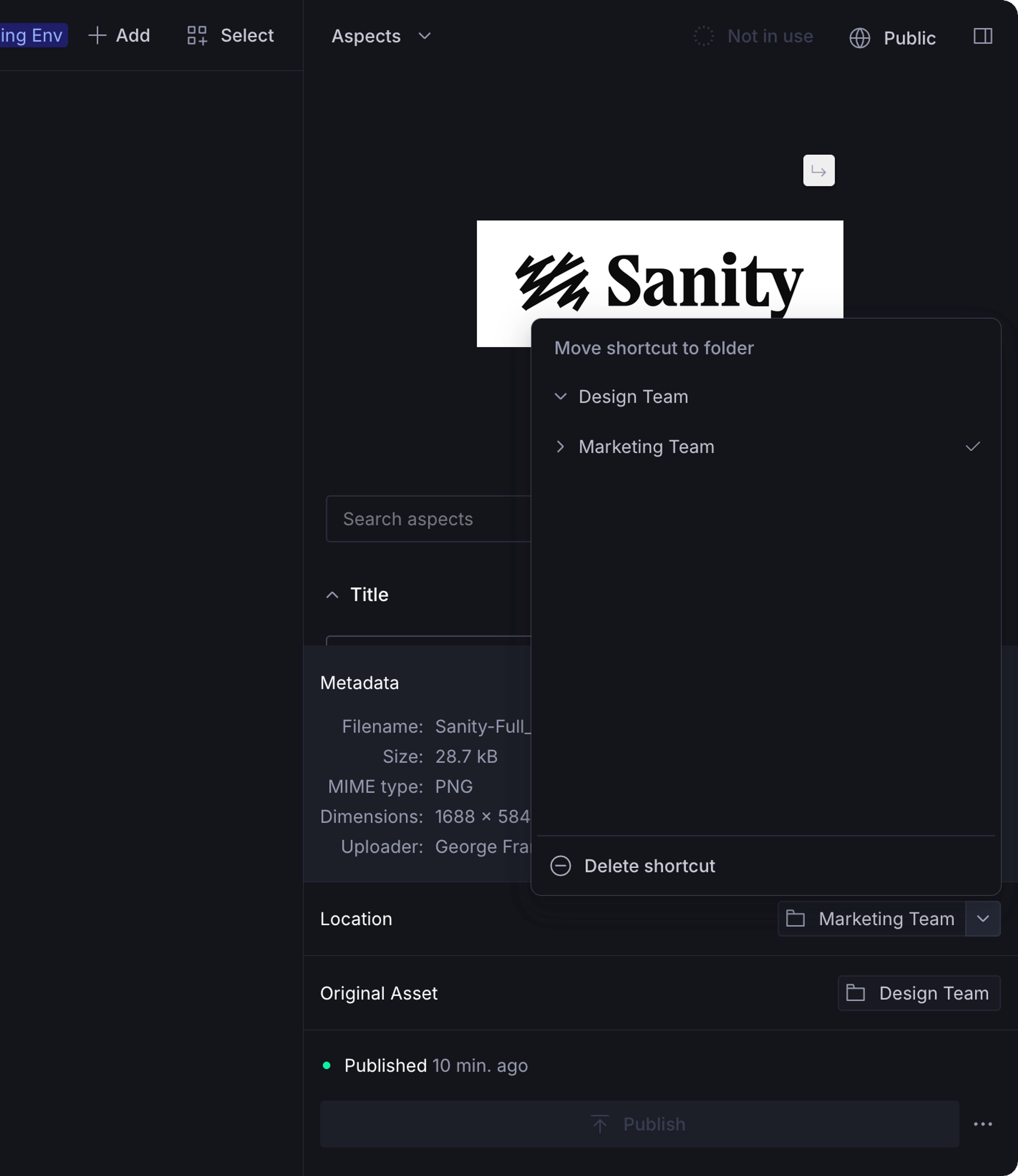 Dark-themed media library showing a Sanity logo asset with an open menu to move or delete its shortcut, alongside its metadata.