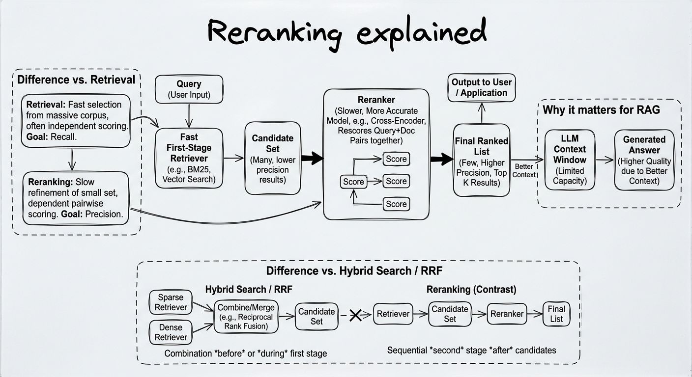 A diagram explaining Reranking in terms of related concepts.